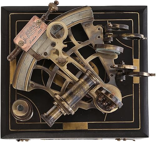 J. Scott London Brass Ship History Sextant con caja de madera dura. Sextante marítimo funcional náutico de latón antiguo antiguo vintage  Regalos de