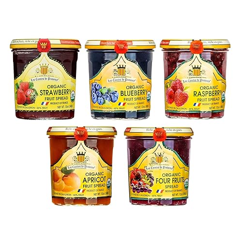 Colección orgánica de mermelada francesa variada - Arándano, frutas rojas, albaricoque, frambuesa, fresa - 12 oz / 340 g