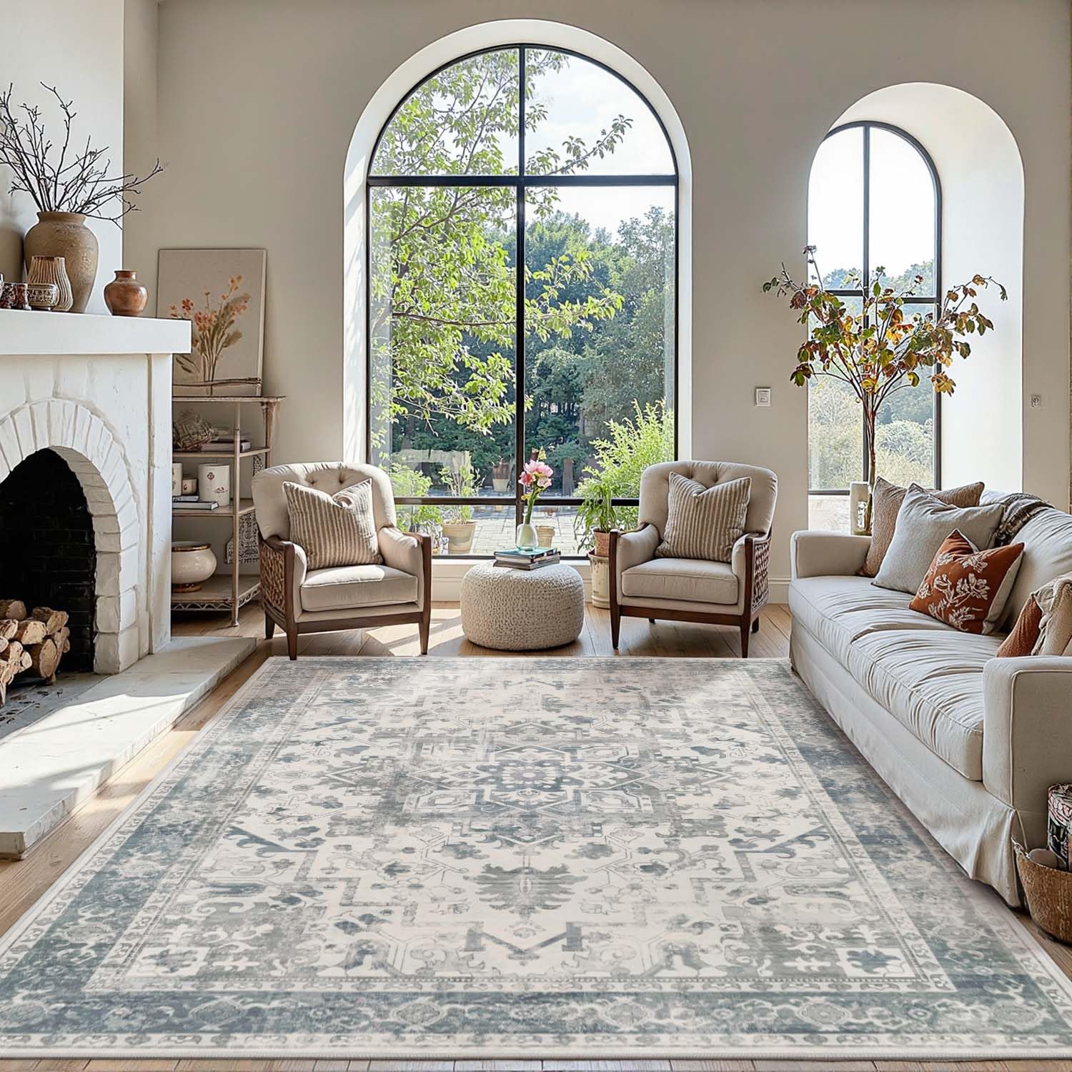 Blue Boho Non-Slip 5x7 Area Rug