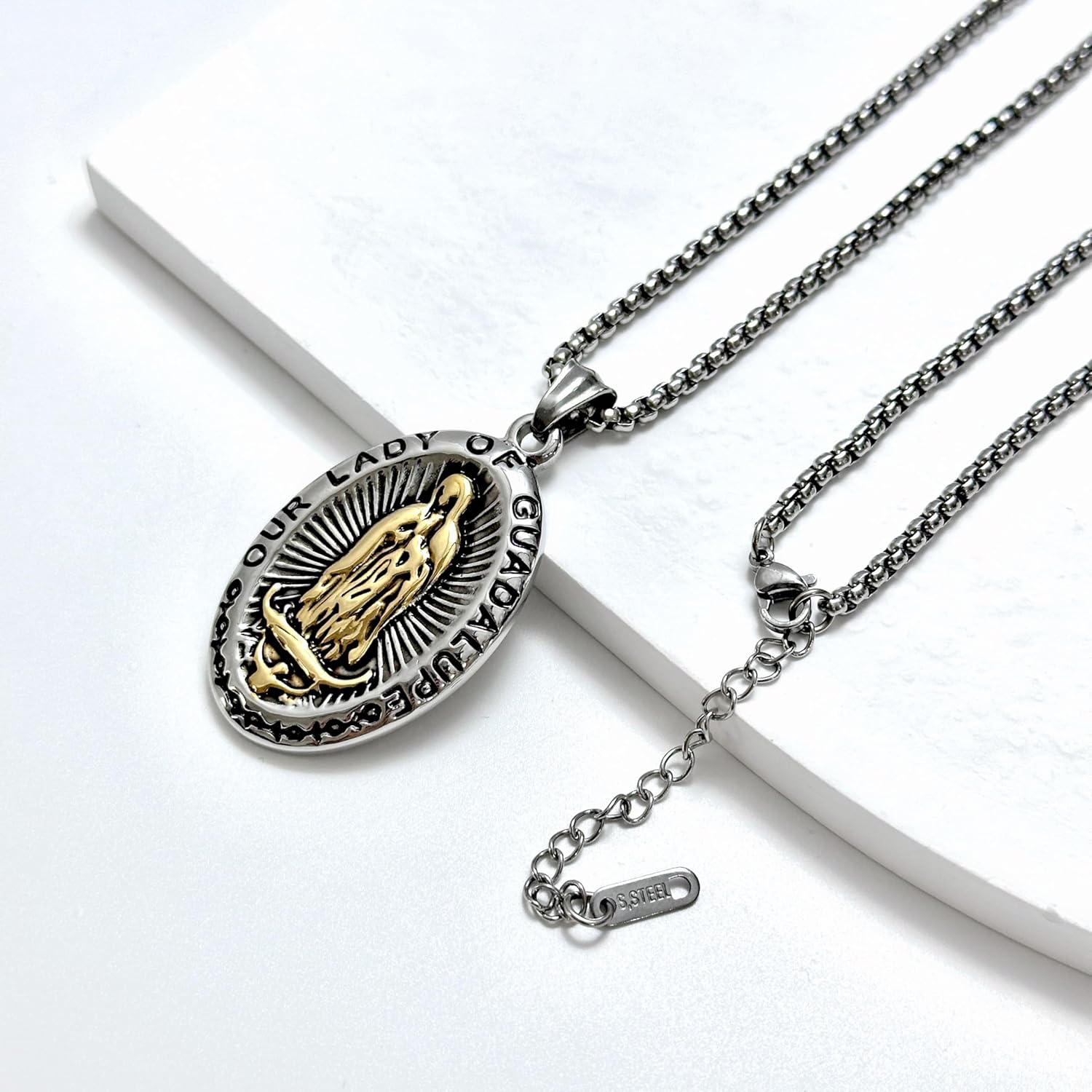 Virgin Mary Necklace for Men & Women Catholic Miraculous Medal Pendant Religious Jewelry with Our Lady of Grace Design 24+2″ Stainless Steel Chain Spiritual Protection Gift - Image 4