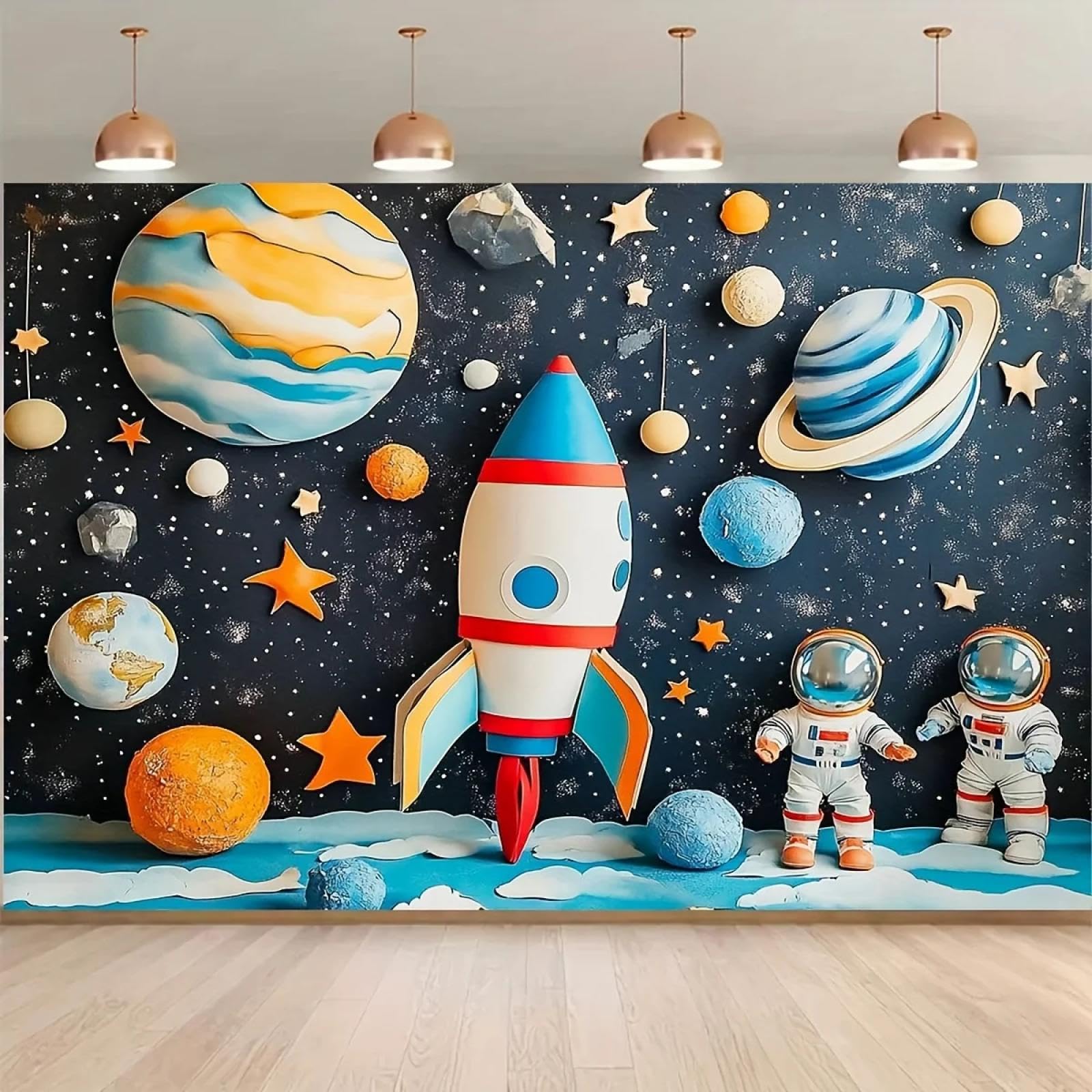 Banner de Fondo Plano 1D 2 Pieza con Astronauta Dibujos Animados Cohete y decoración patrón Planeta