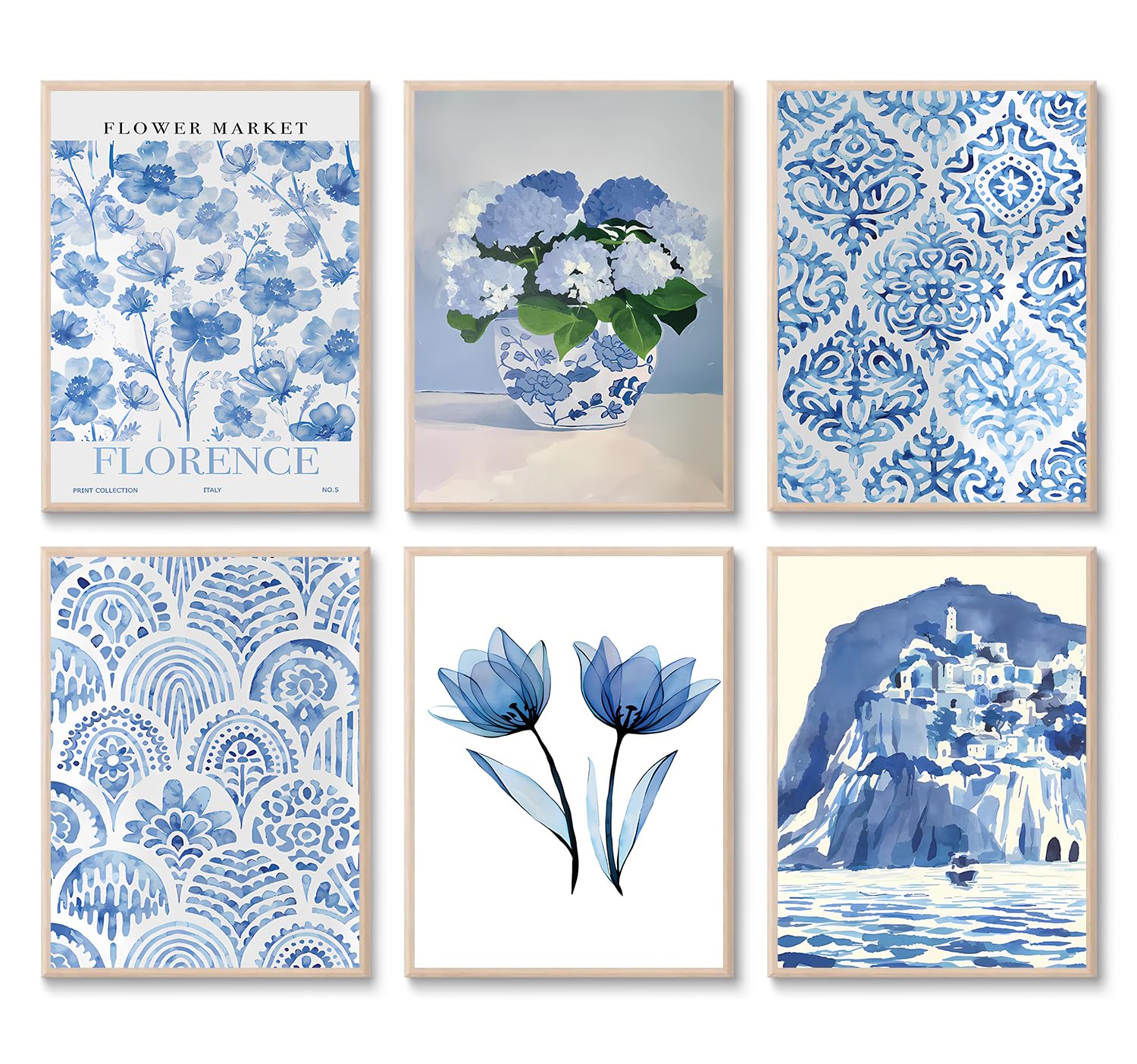 6 Pcs Coastal Granddaughter Wall Art Navy Blue Flower Market Watercolor Paintings Prints Posters Hydrangeas Nantucket Aesthetic Canvas Wall Decor for