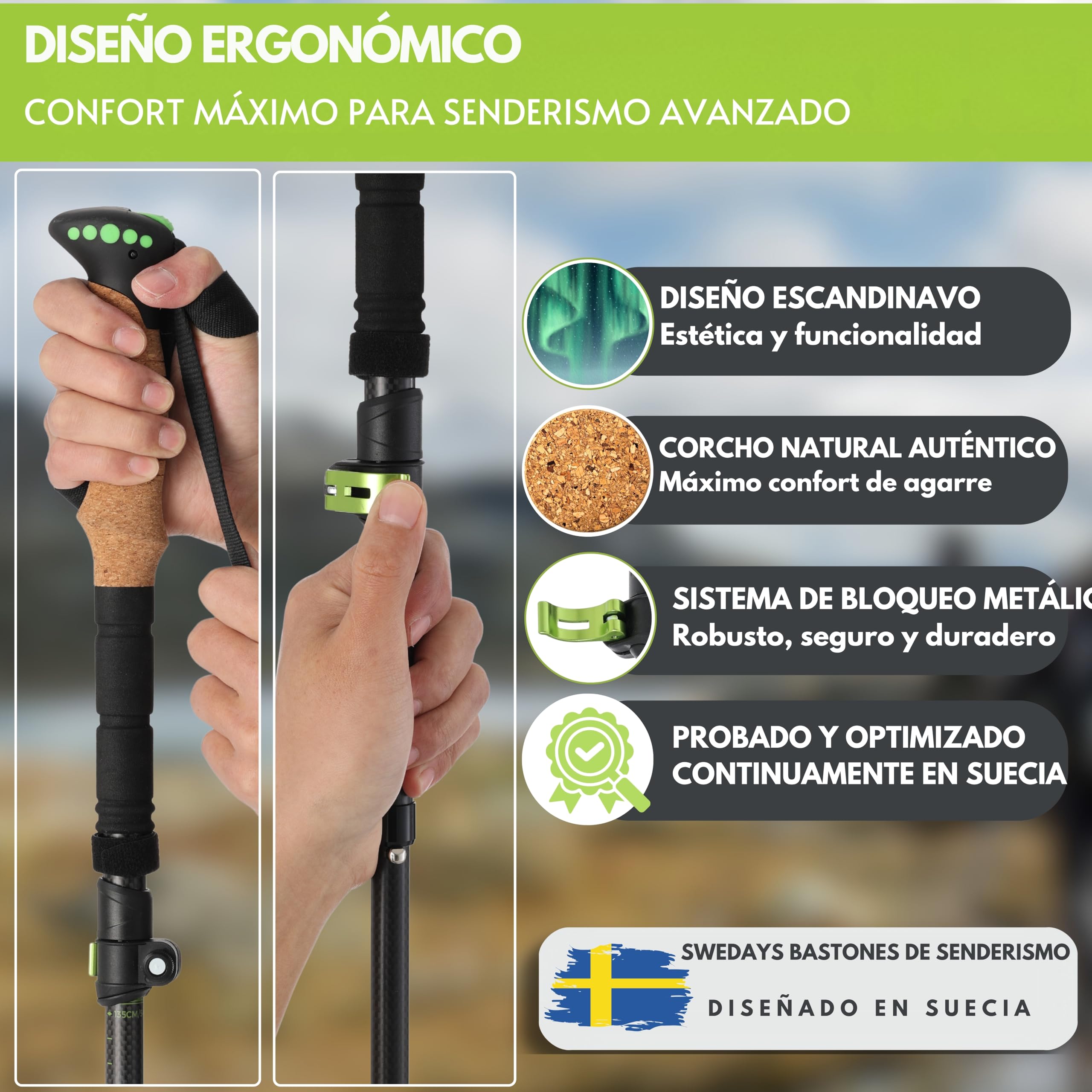 Bastones de Senderismo Plegables (35cm Plegados) - Carbono 3K o Aluminio 7075 - Telescópicos 115-135cm - Ultraligeros & Compactos - Mango de Corcho - Hombre & Mujer
