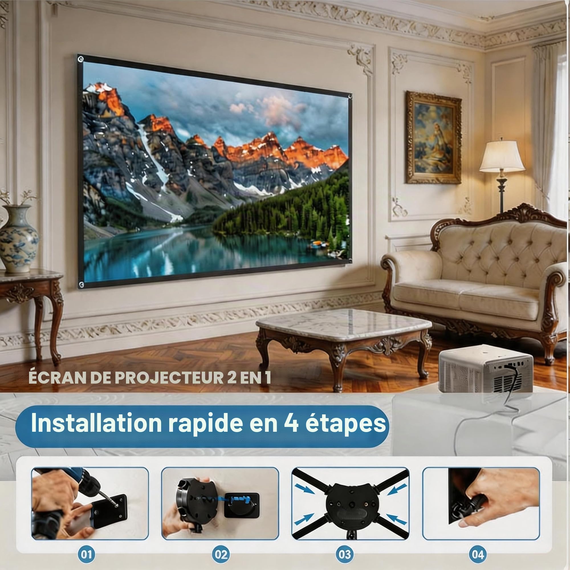 WASJOYE 80 inch Ecran Videoprojecteur,16:9 4K HD Ecran Videoprojecteur sur Pied,Conception Résistante au Vent,Livrée avec Une Corde et des Piquets,Idéale pour Le Home Cinéma et.
