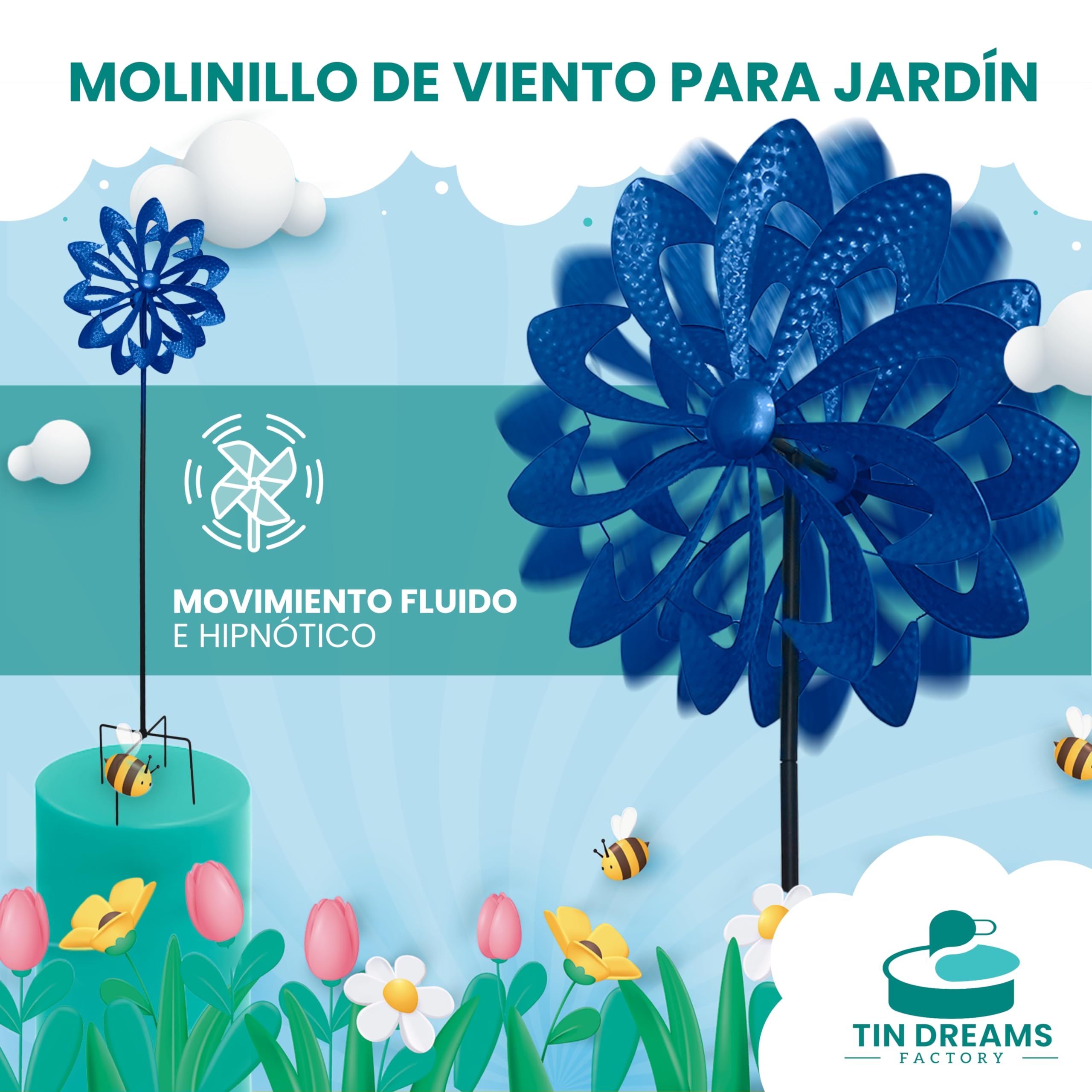 Molinillo de Viento - Decoración Jardín, Patio y Terraza - Molino de Metal Azul - Espantapajaros Exterior - Ahuyentador Palomas, Gaviotas - Repelente de Aves - Antipajaros