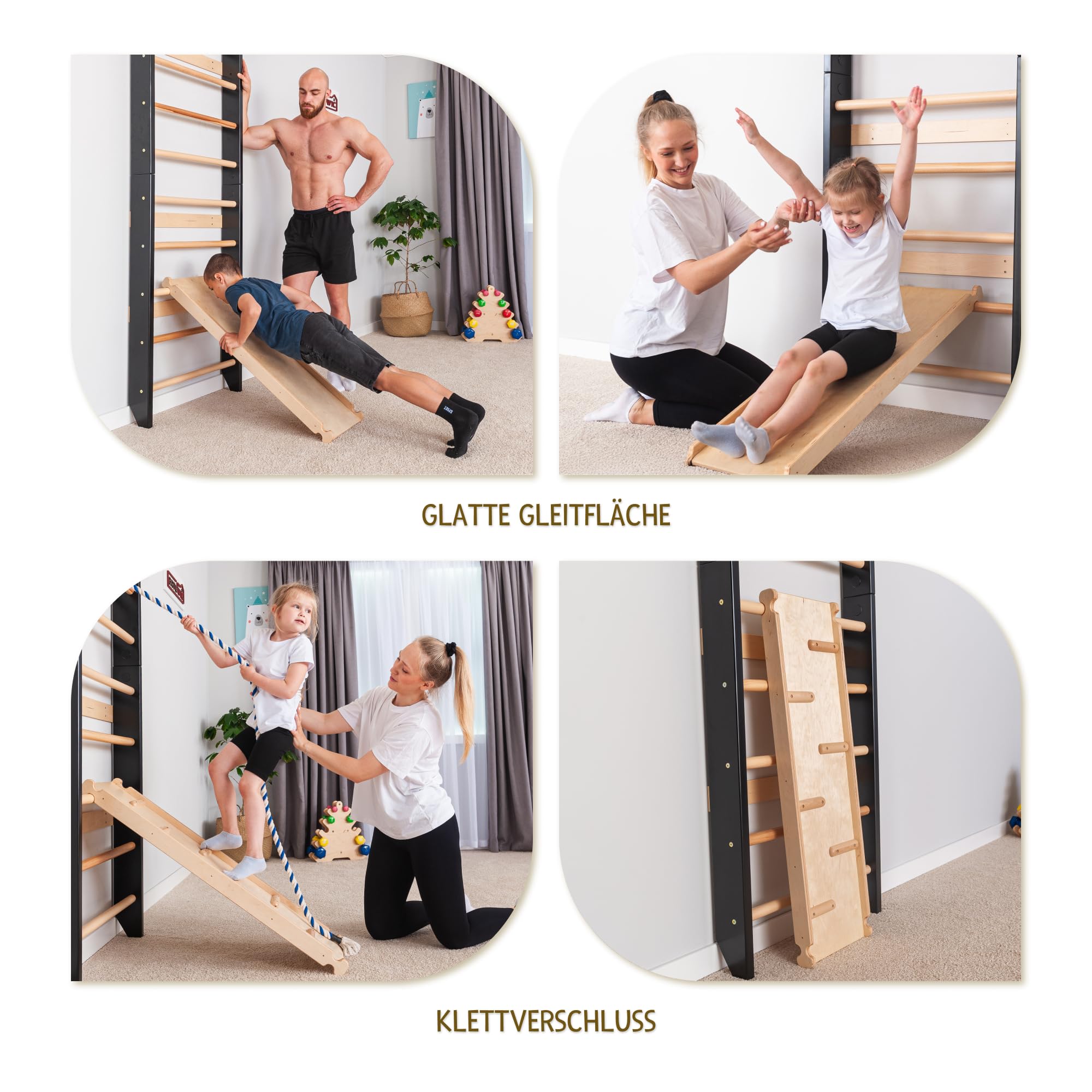Sprossenwand Holz mit Rutsche & Schaukel - Indoor Klettergerüst für Kinder & Erwachsene - Turnwand mit Kletterbrett & Zubehör - Massiv bis 150kg (Schwarz)