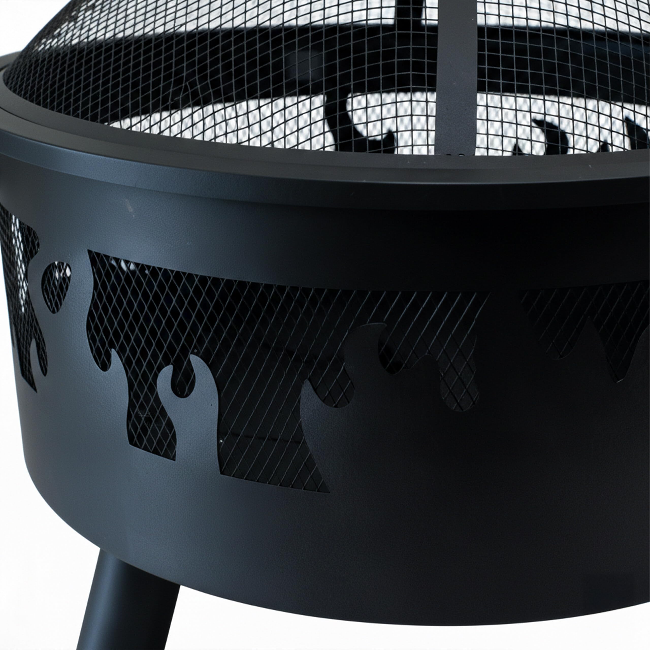 Relaxdays Feuerschale, Ø Schale 64 cm, Funkenschutz, Schürhaken, Stahl, Flammen-Design, Feuerstelle Garten, schwarz
