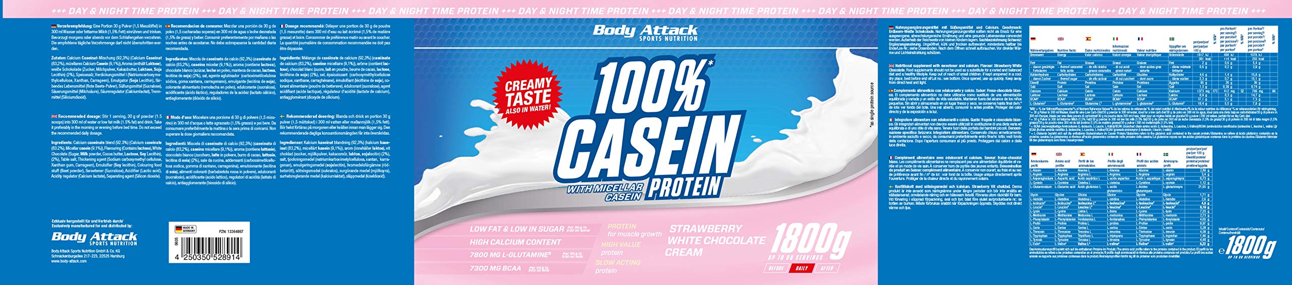 Body Attack 100% Casein Protein, Strawberry White Choc., 2 x 1,8 kg Eiweißpulver - reich an essentiellen Aminosäuren - Muskelaufbau und Erhalt, Low Sugar - für Sportler, Athleten & Figurbewusste