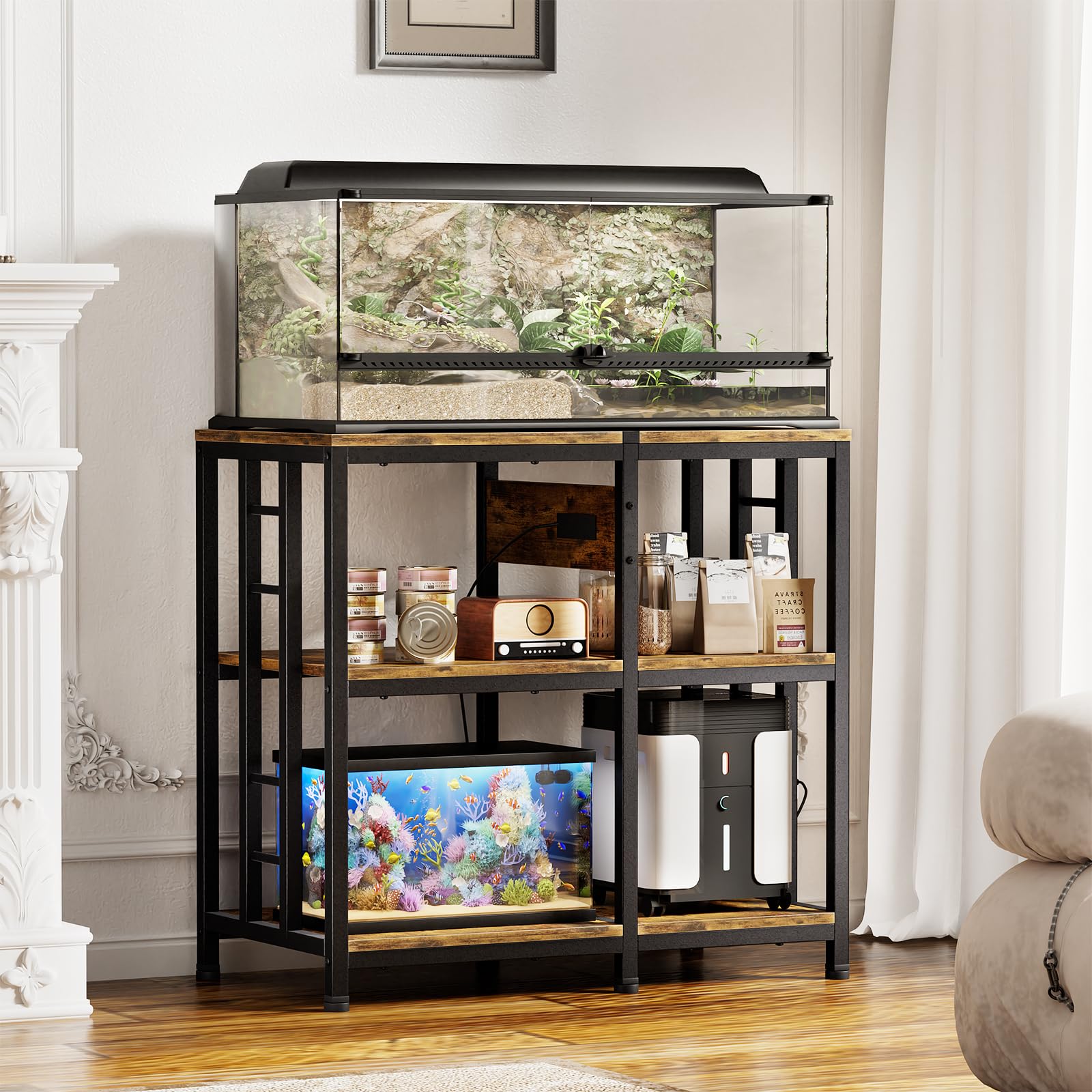 Supporto per acquario da 20 a 29 galloni con ciabatta di prese, supporto metallico a 3 livelli per acquario, 80 cm di lunghezza x 41,9 cm di larghezza, per acquari lunghi 90 litri, capacità 180