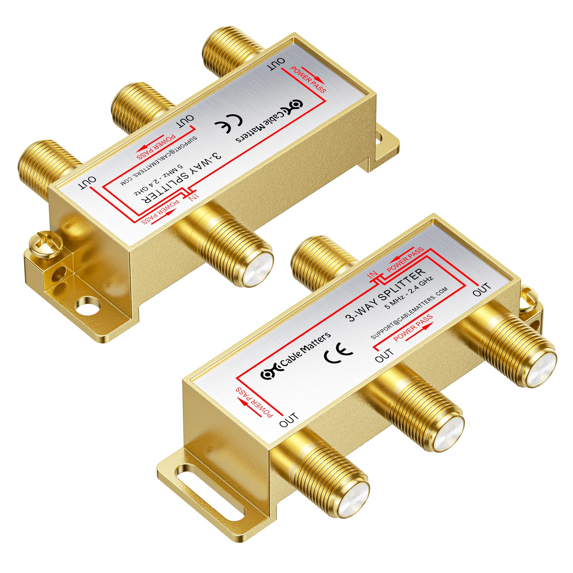 Cable Matters 2-Pack 2.4 Ghz 3 Way Coaxial Cable Splitter for STB TV, Antenna and MoCA Network - All Port Power Passing - Gold Plated and Corrosion