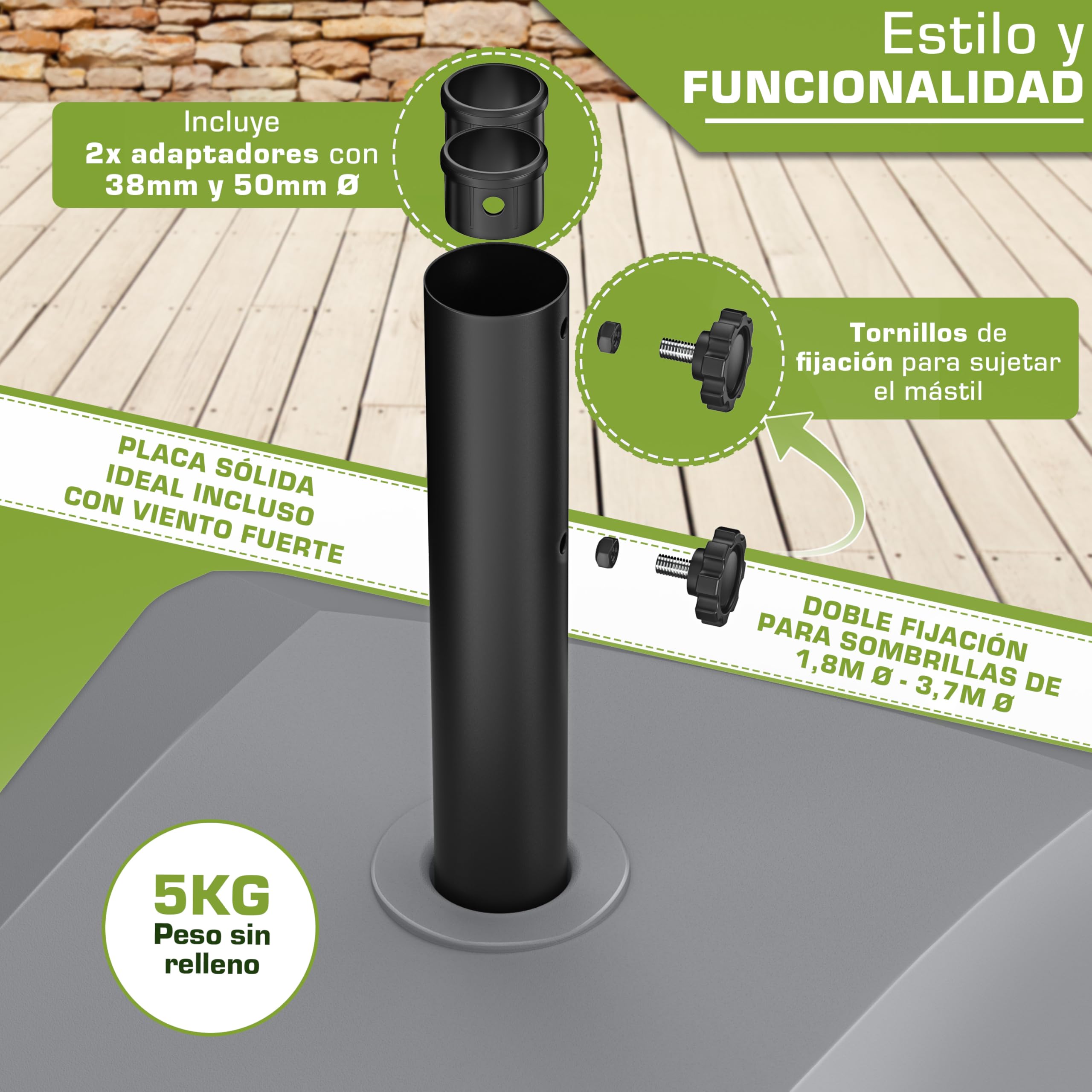 tillvex® Base de sombrilla GRAVIA con Ruedas y Frenos | Soporte de lastre rellenable 37L / 56kg | Pie para Parasol y sombrilla de Mercado Ø 1,8-3,7m | Resistente a la Intemperie y UV (Gris) — view 6