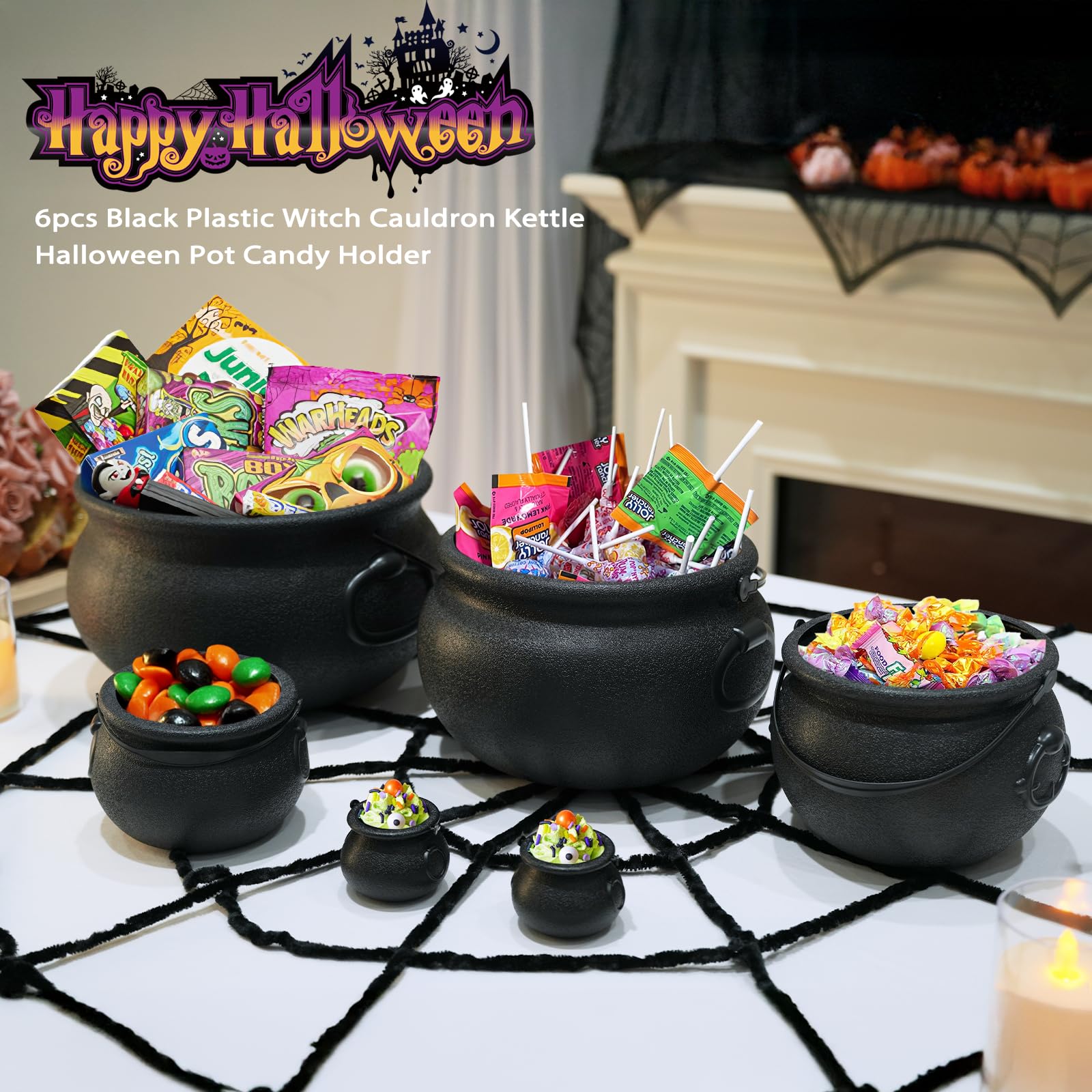 Zesua Halloween Decorations - 6 in 1 Package Large Black Plastic Witches Cauldron - Cauldron Candy Bowl, Trick or Treat, Cauldron Pot for Indoor Outdoor Party Table Decor
