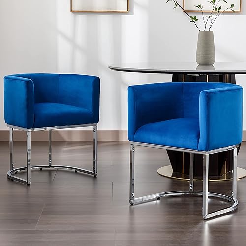 Juego de 2 sillas de comedor azules modernas de mediados de siglo con patas de metal cromado, sillas tapizadas de terciopelo para comedor, cocina,