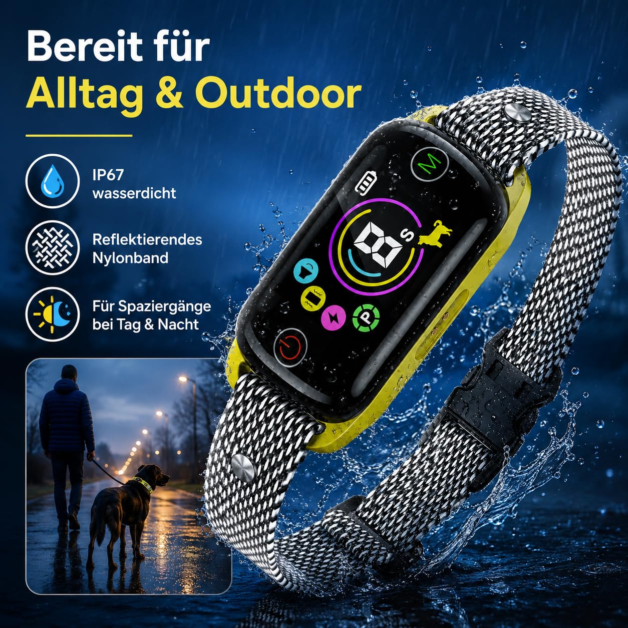 Antibellhalsband für Hunde mit Vibration & Ton, Automatisches Hundehalsband gegen Bellen, Farbdisplay, IP67, Magnetladung, Verstellbares Nylonband
