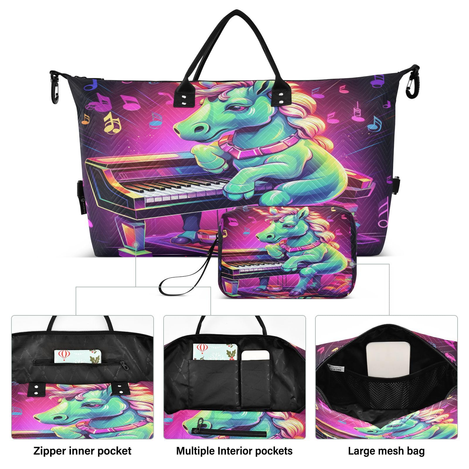 Music Piano Unicorn Sports Swim Gym Bag Weekender Duffel Travel Bags Handbag with Makeup Storage Bag for Girls Men