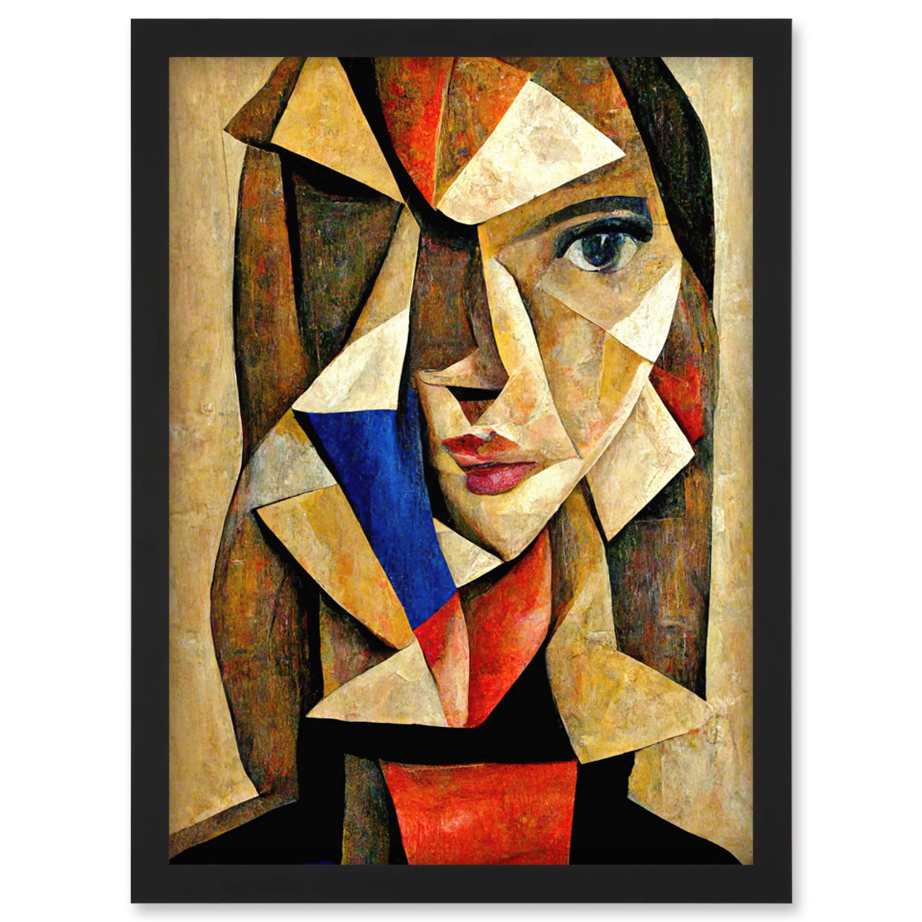 Doppelganger33 LTD Painting Cubism Style Portrait Of Young Woman Beige And Brown Artwork Framed Wall Art Print A4