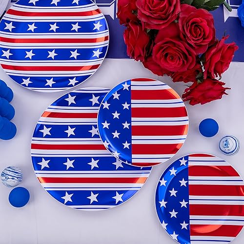 Miniatura 4 de FLOWERCAT 60 platos del 4 de julio y platos rojos, blancos y azules para el Día de la Independencia, Día de los Caídos. Los platos de plástico de la