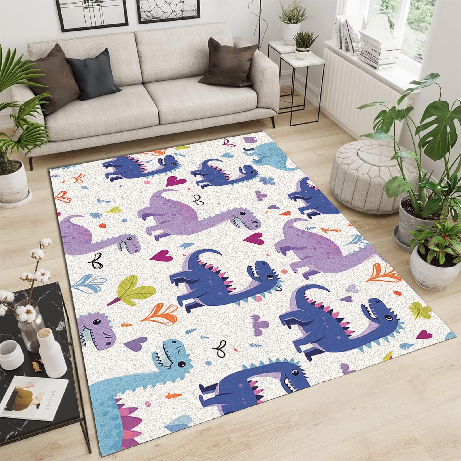 Tapis décoration multicolore dinosaures style d'art linéaire