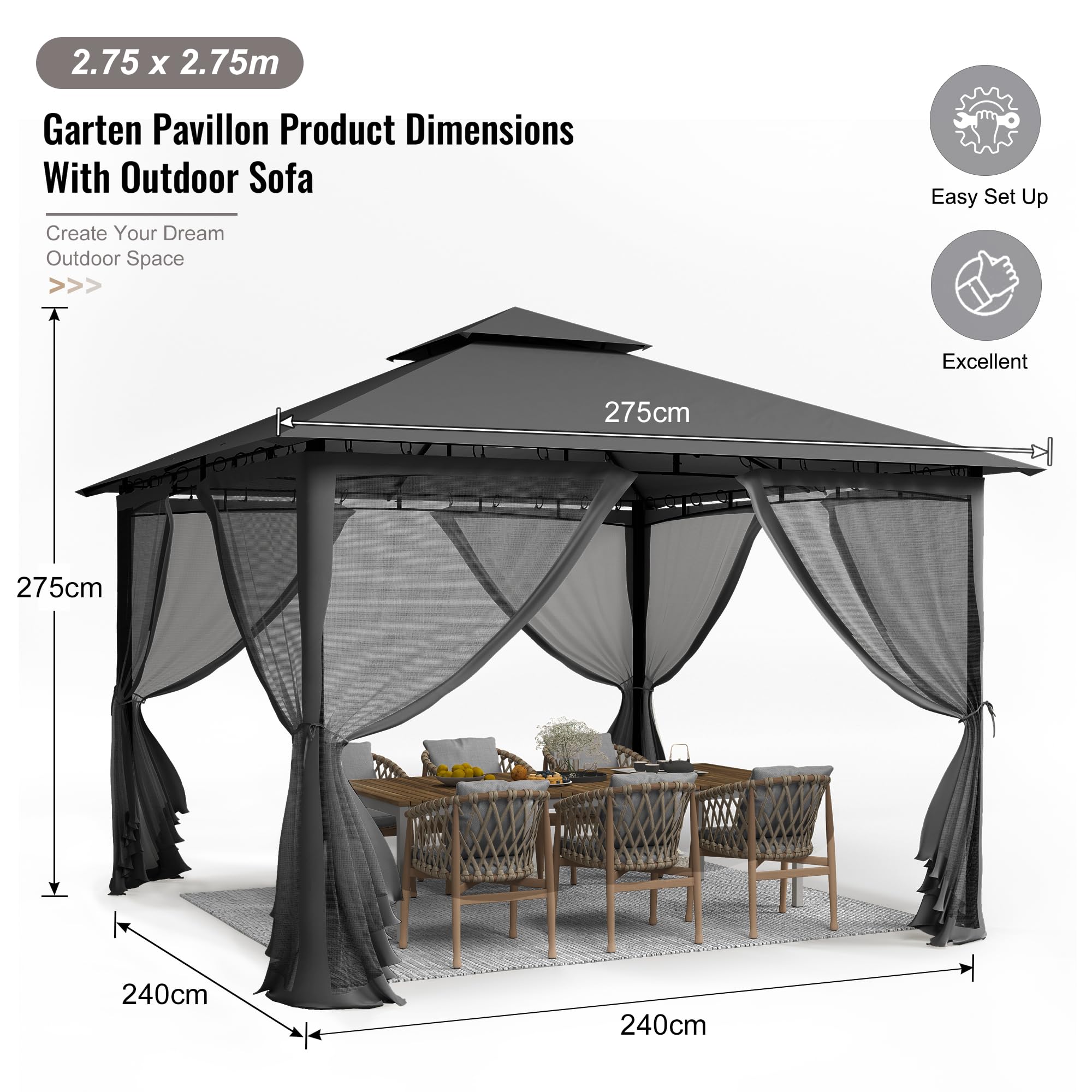 UDPATIO Gazebo da Giardino con Doppio Tetto e Zanzariera, 2.75x2.75 m, Struttura in Metallo Resistente, Gazebo Pieghevole Impermeabile per Giardino, Terrazze - Grigio