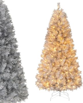 DORTALA 6 FT Pre-Lit Christmas Tree, Silver Tinsel Artificial Xmas Tree with 230 Warm White LED Lights, 553 Branch Tips, Metal Stand, for Home Office Party