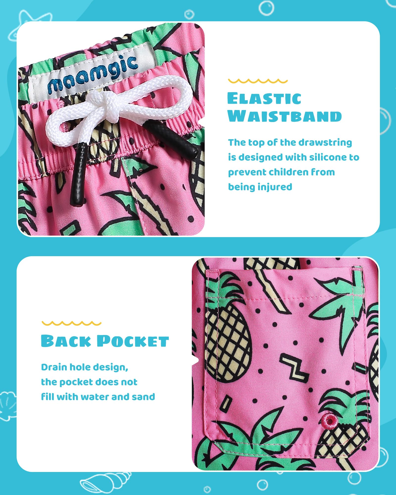 MaaMgic Costume da bagno per bambini, ad asciugatura rapida, pantaloncini corti da nuoto per piccoli, pantaloncini da bagno 2 in 1 con compressione, tasche con coulisse regolabile