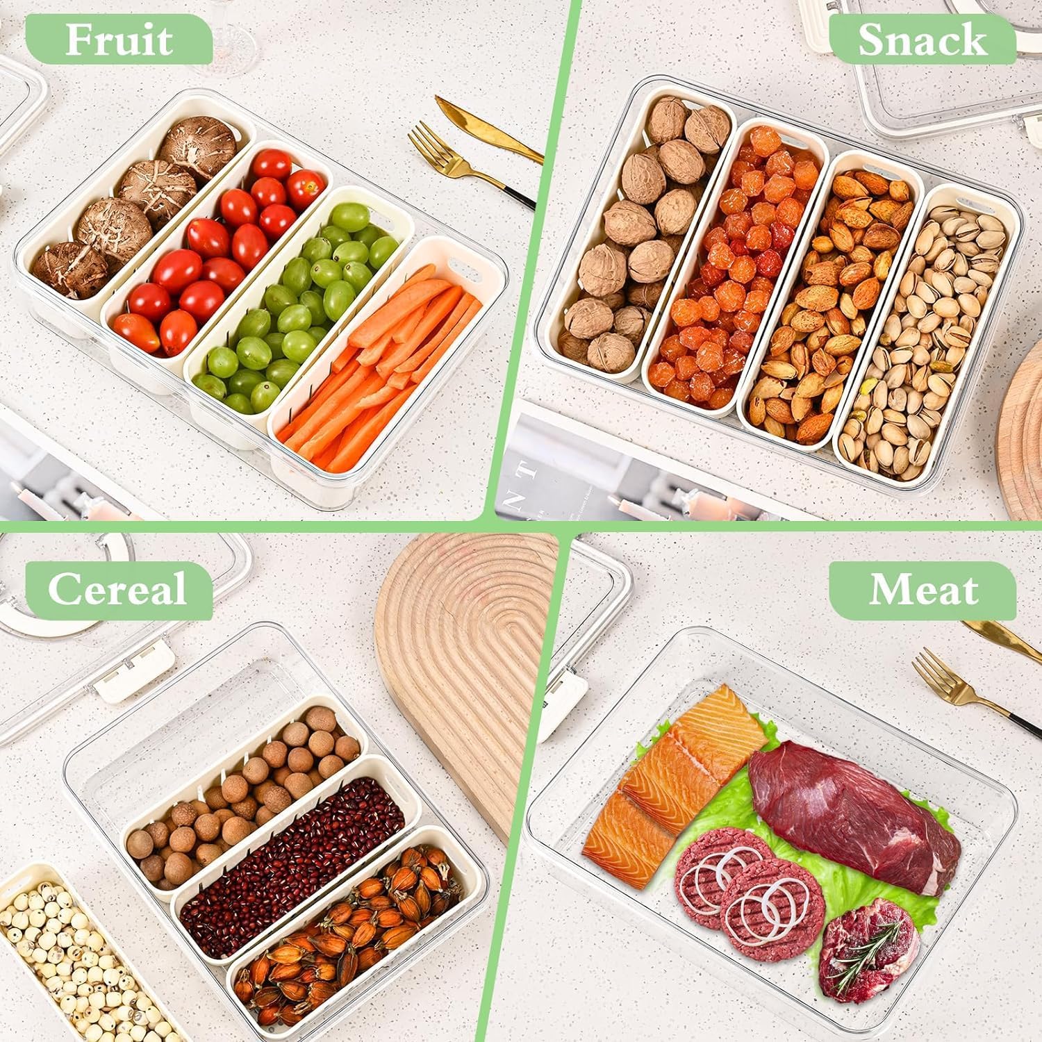 Redcoutt Snackbox mit Fächern, Abnehmbare 4 Fächer Snackbox mit Deckel und Griff, Lebensmittelechtes PET, Tragbare Aufbewahrungsbox für Süßigkeiten, Snacks, Gemüse, Ideal für Partys, Picknicks