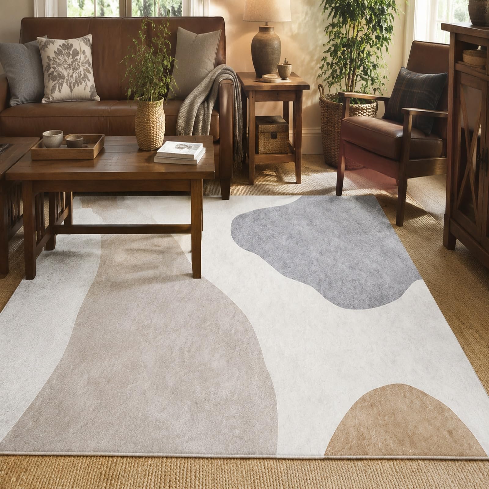 Tapis de salon beige abstrait 200x300 cm pour une ambiance chaleureuse et moderne au quotidien