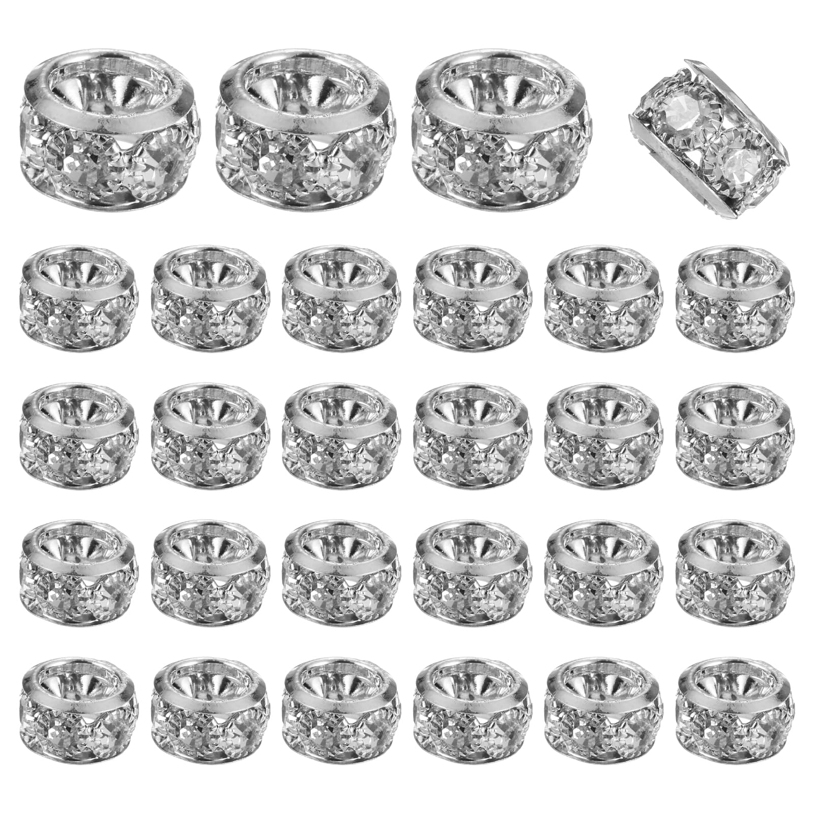 sourcing map 40 Pcs 12mm Large Hole Rhinestone Beads, European Spacer Bead, Rondelle Loose Charm Beads for DIY Jewelry Making Bracelet Accessories (Silver)