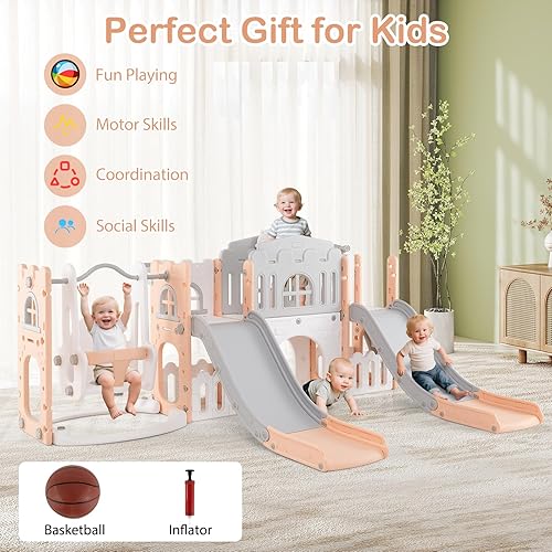 Miniatura 8 de Costzon Juego de columpio y tobogán 10 en 1 para niños pequeños, juego de tobogán y escalador con pasillo, ventana Peek-a-Boo y espacio de