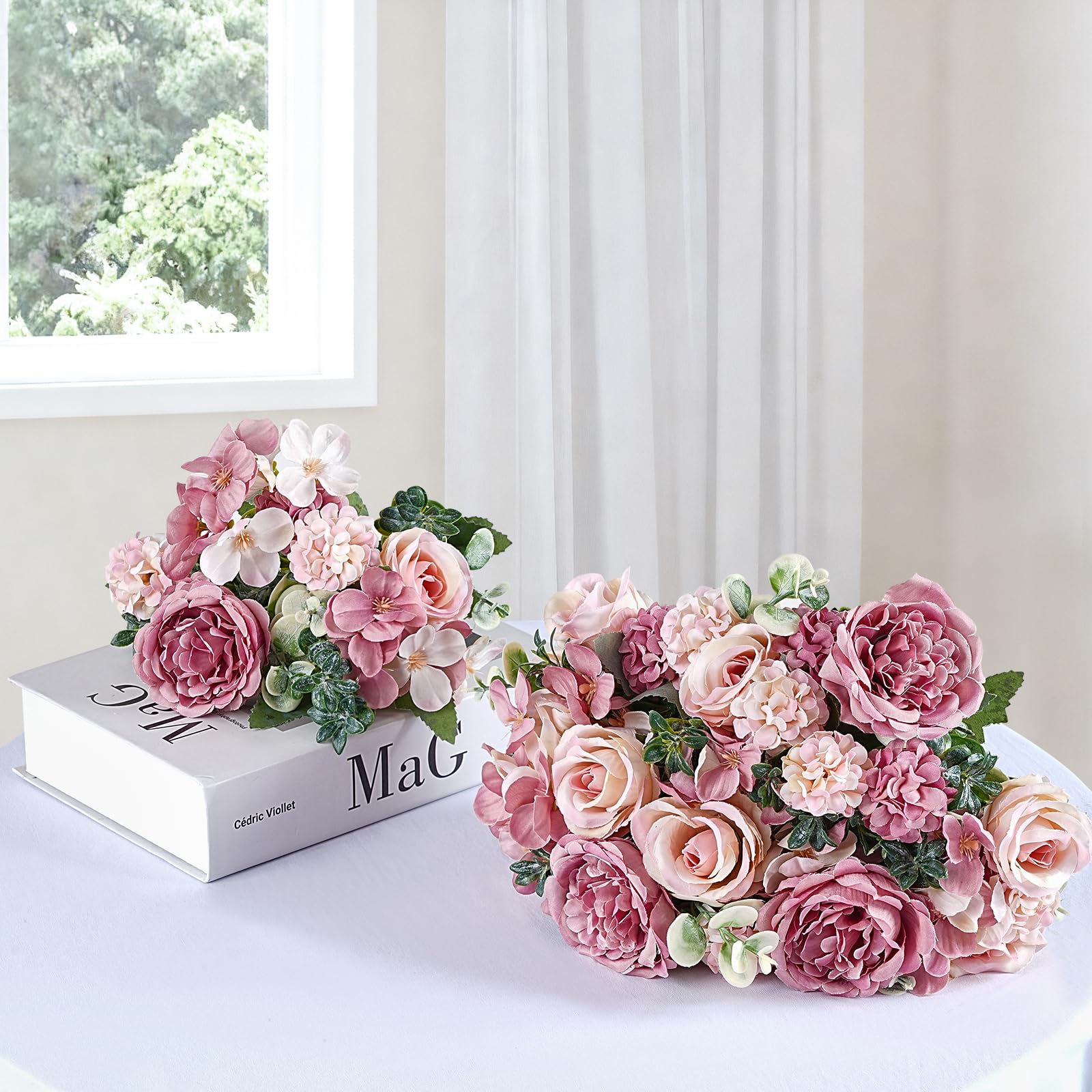 BrillShine 4 Bündel Pfingstrosen Hortensien Kunstblumen Künstliche Blumen Rosa Blumenstrauß Kunstblumen wie Echt für Hochzeit Party Garten Dekor
