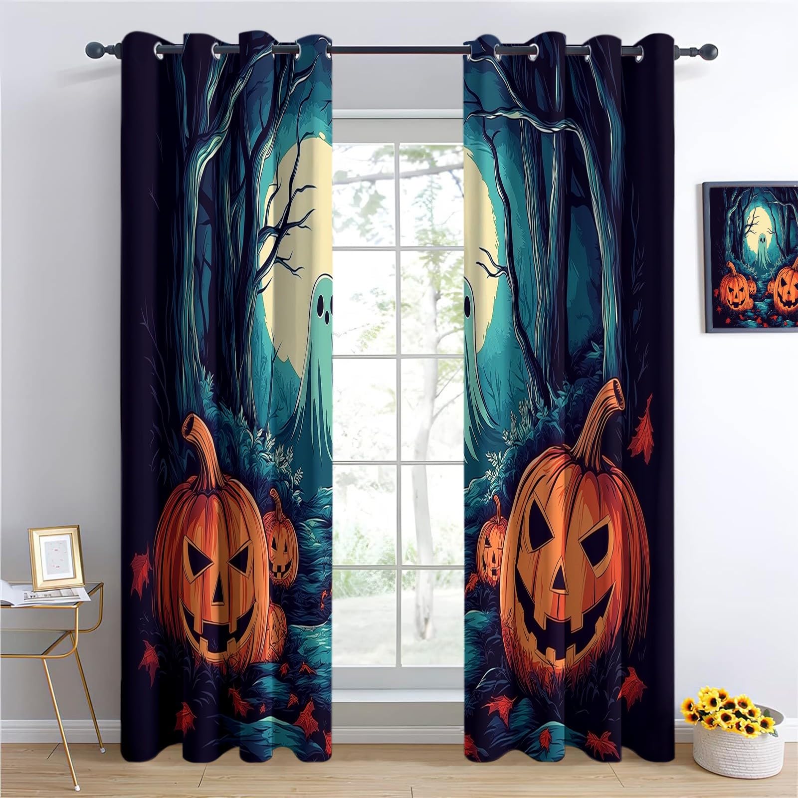 Dziecięca termiczna zasłona zaciemniająca z duchem dyni las na Halloween, 110 x 215 cm, zestaw 2 zasłon z nadrukiem do salonu, sypialni, kuchni, dekoracji wnętrz, zasłon i zasłon z oczkami, niebieska