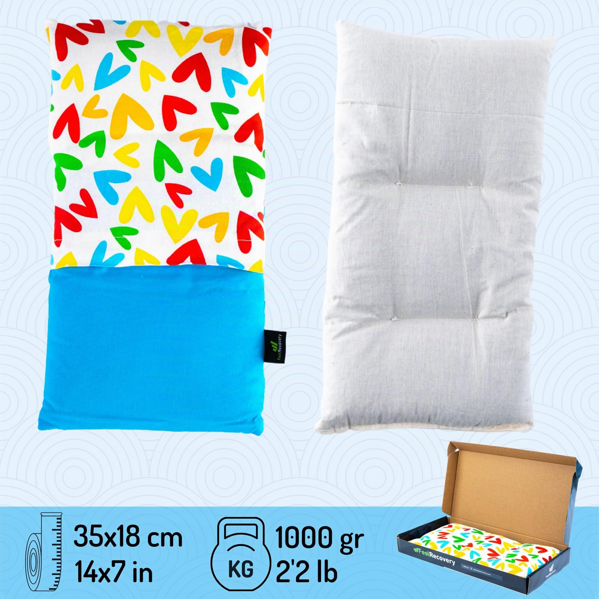 Saco Térmico Semillas Multiusos - Almohada para Calentar en Microondas (35x18 cm) - Bolsa de Calor - Cojín de Semillas con Funda Lavable, Tela de Algodón 100% y Olor a Lavanda (Corazones)