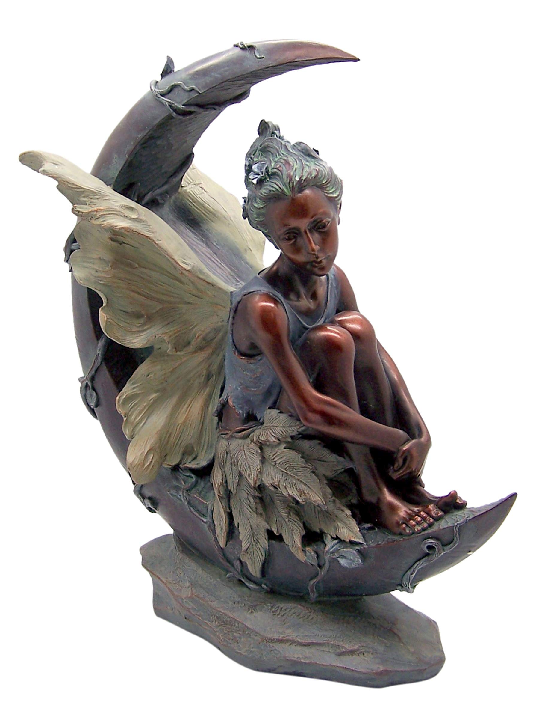 Wowser Fairy on a Crescent Moon with Bronze Finish and Green Accents Garden Statue, 18.5 Inches
