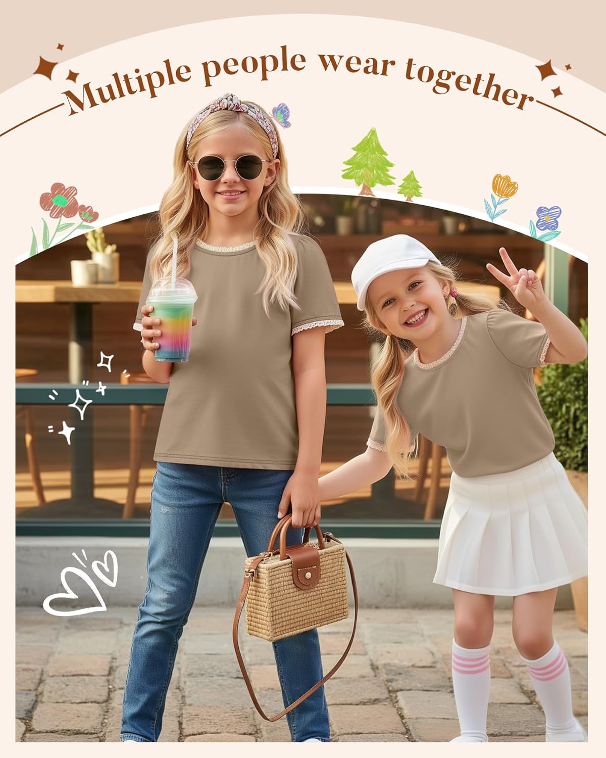 Girls Puff Short Sleeve Shirts Lace Crewneck Lettuce Trim Top Kids Tween Comfy Summer Cute Toddler Uniform Tee - Image 6