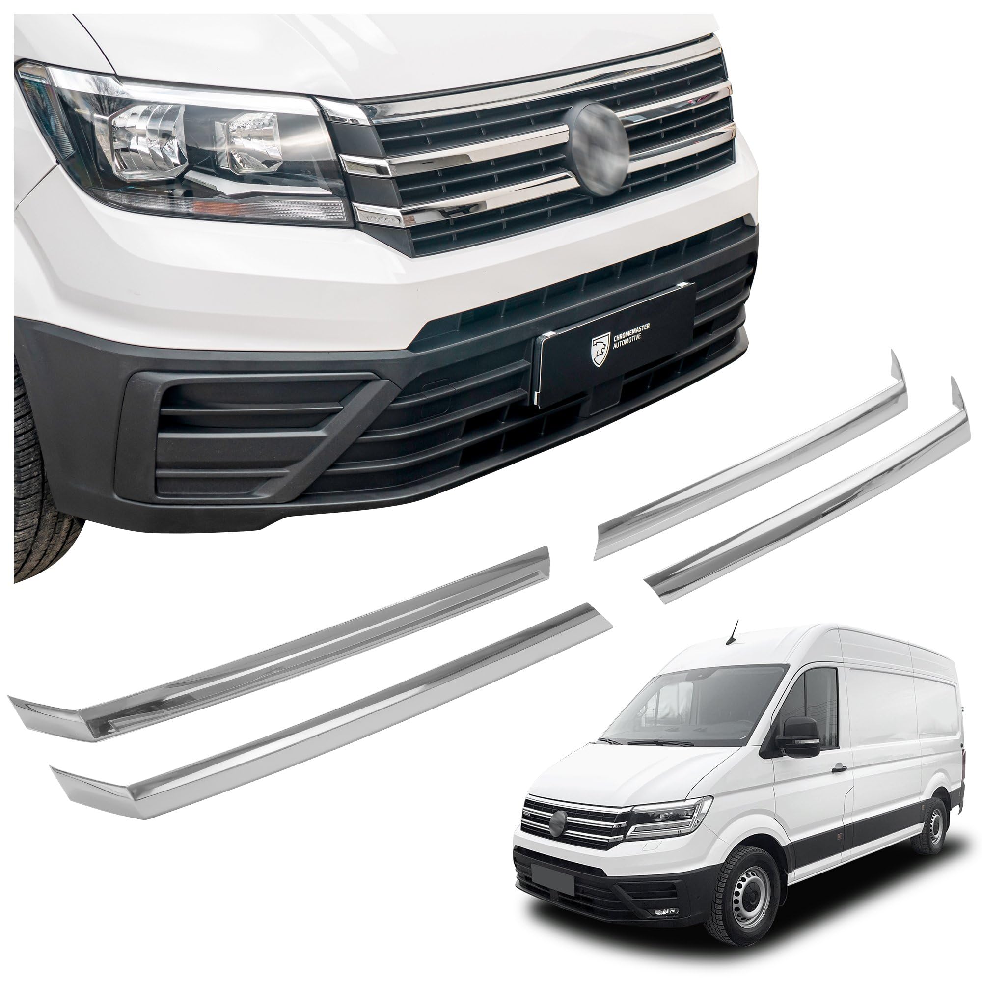 CHROMEMASTER | Compatible avec VW e-Crafter 2018+ | Baguettes de Calandre Avant ; Bandes pour le Gril de Voiture, Acier Inoxydable Poli | Ajustement Parfait ; Nouveau Look Attrayant de la Voiture