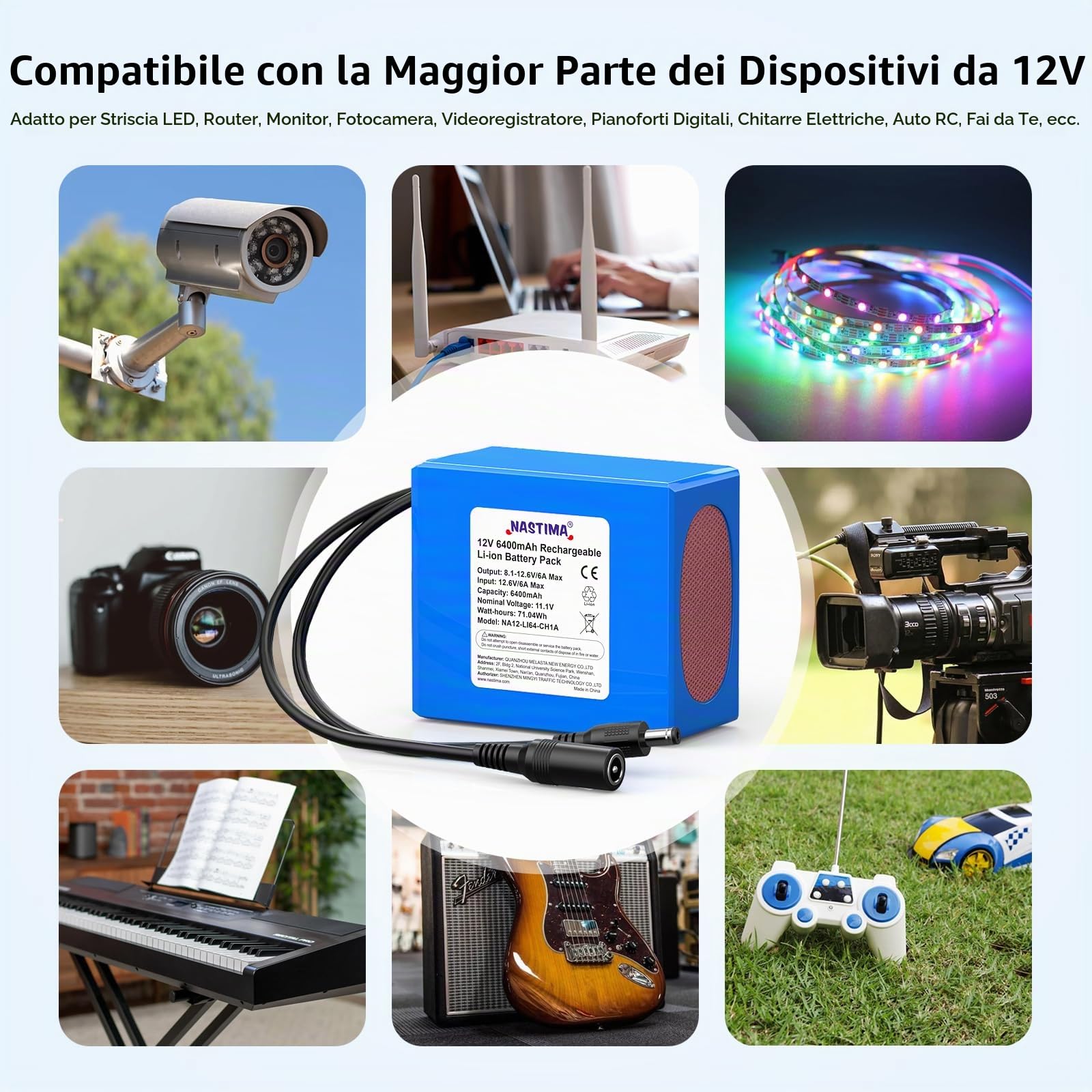 NASTIMA 6400mAh 71,04Wh 12V Batteria Ricaricabile Agli Ioni di Litio | Adatta per Fotocamere, Videocamere, Lettori MP3, Telecamere CCTV, Router, Radio, ecc. Include Caricabatterie e Connettore