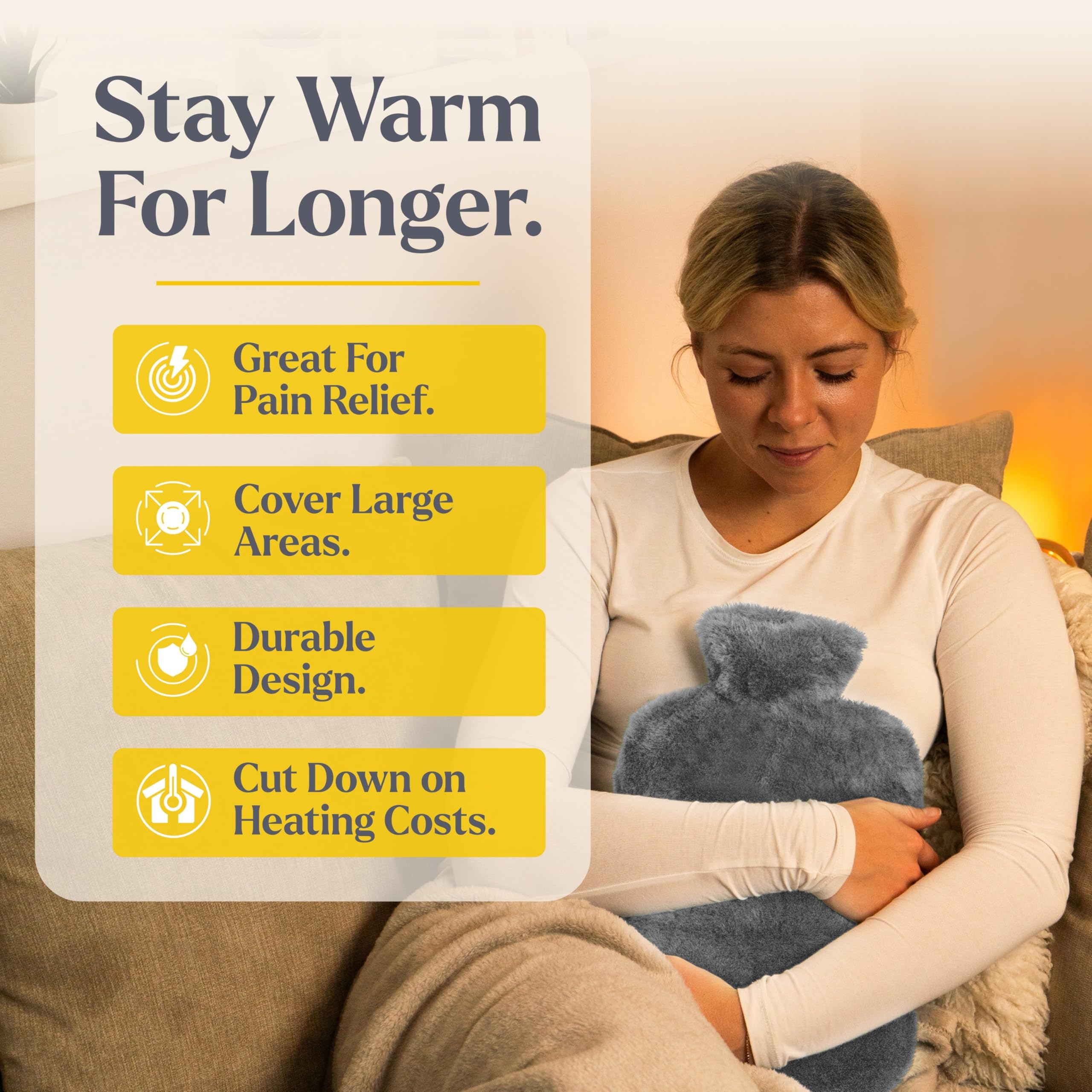 Qomfor hot water bottle XXL with premium faux fur cover - grey