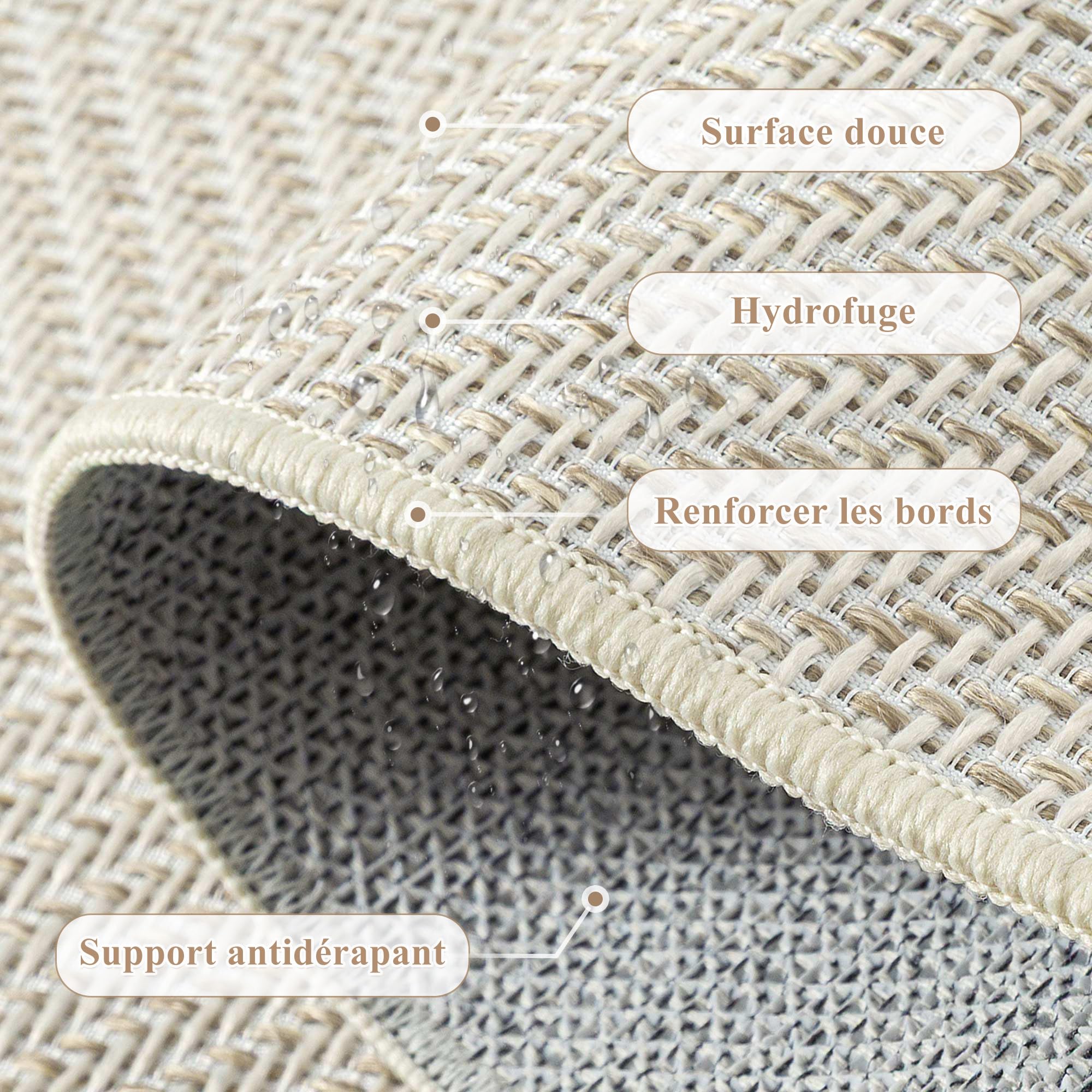 PureCozy Tapis Exterieur Resistant Pluie 60x240cm Couloir Extérieur Terrasse Beige Antidérapant Lavable Carpet Passage Jardin Balcon Descente de Lit Salle a Manger Moderne Jute Aspect Rug