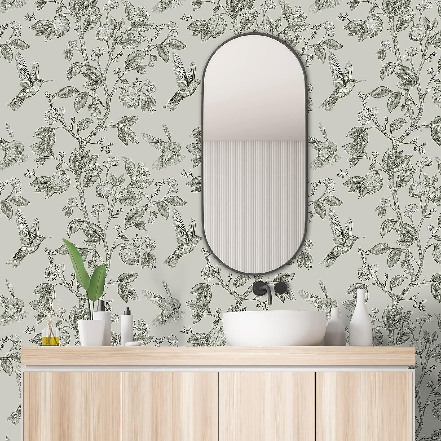 CHIHUT 17.7”x472” Green Peel and Stick Wallpaper Vintage Floral Bird Wallpaper Self Adhesive Removable Green Floral Wall Paper for Bedroom Botanical Lemon Tree Contact Paper for Cabinets Nursery Walls
