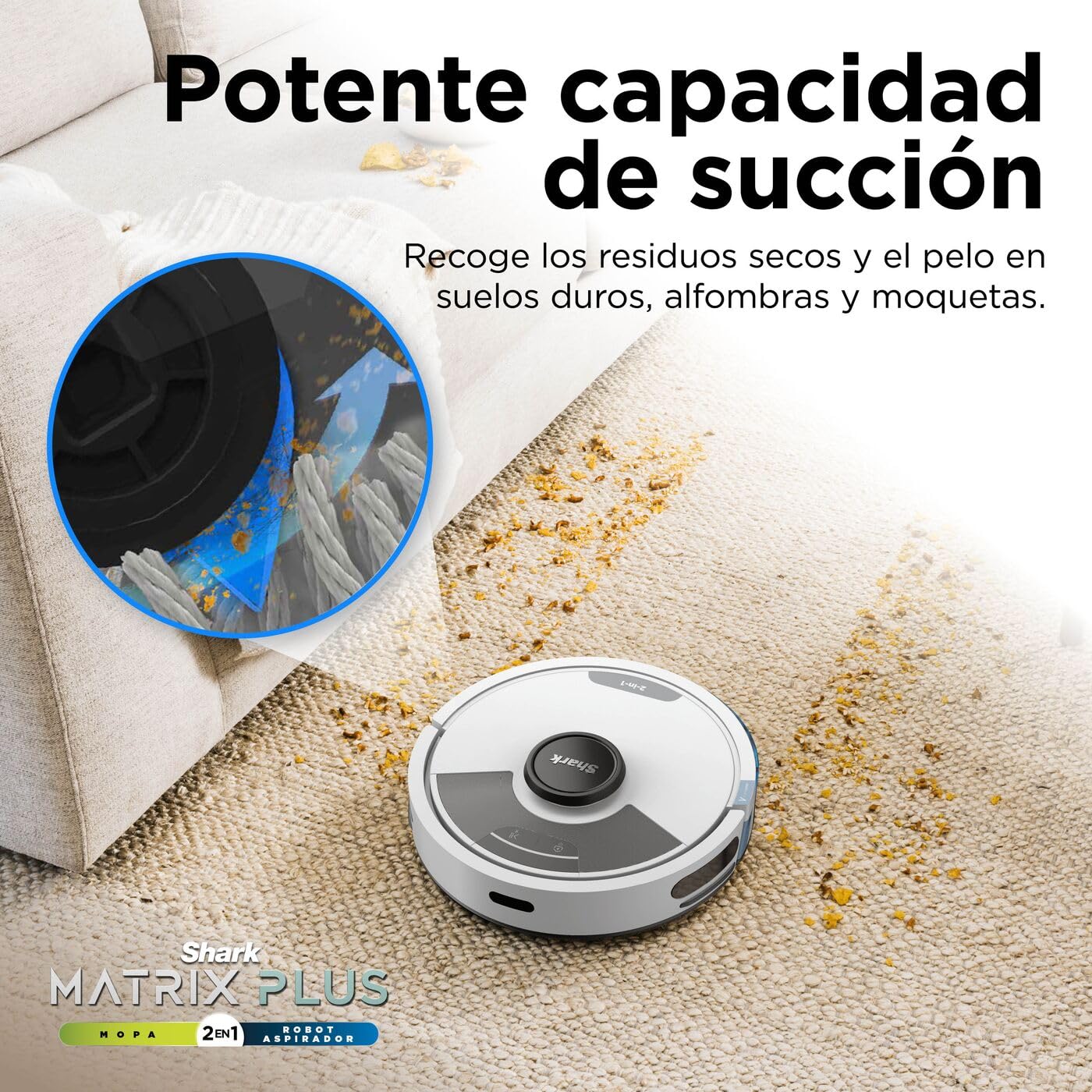 Shark Matrix Plus, Robot Aspirador y Mopa 2 en 1, Blanco, RV2620WAEUWH | Vaciado Automático, Mapeo LiDAR y Tecnología CleanEdge, para Alfombras, Suelos y Pelo de Mascotas, Autocarga, WiFi/App