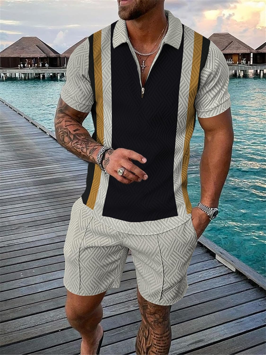 Black Gold Mixed Vertical Stripe M Men Track Suits 2 Piece Set Summer Casual Outfits Fashion Polo Shirts Short Sleeve and Shorts Set Vacation Clothes - Image 2