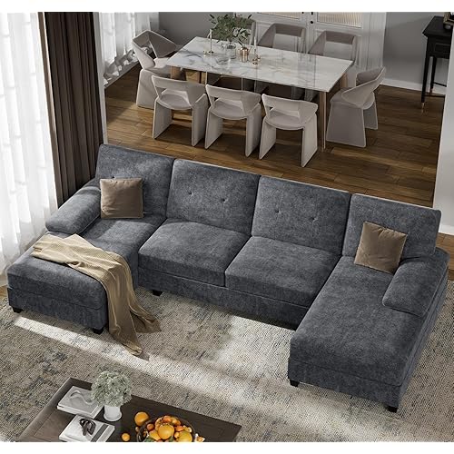 U-Shaped Sectional Couches for Living Room, 4 Seat Sofa with Double Chaise Lounges,Solid Wood Frame Sectional Sofa for Apartment,Dark Grey