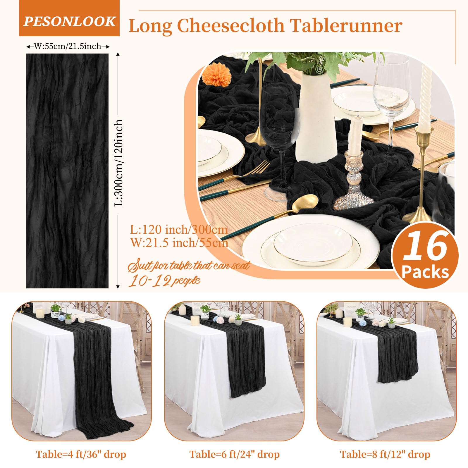 16 Pack Gauze Cheesecloth Table Runner 10ft Long Black Rustic Gauze Boho Wedding Table Runners 21.5 x 120 Inch for Wedding,Bridal Shower,Party,Banquet Decoration - Image 2