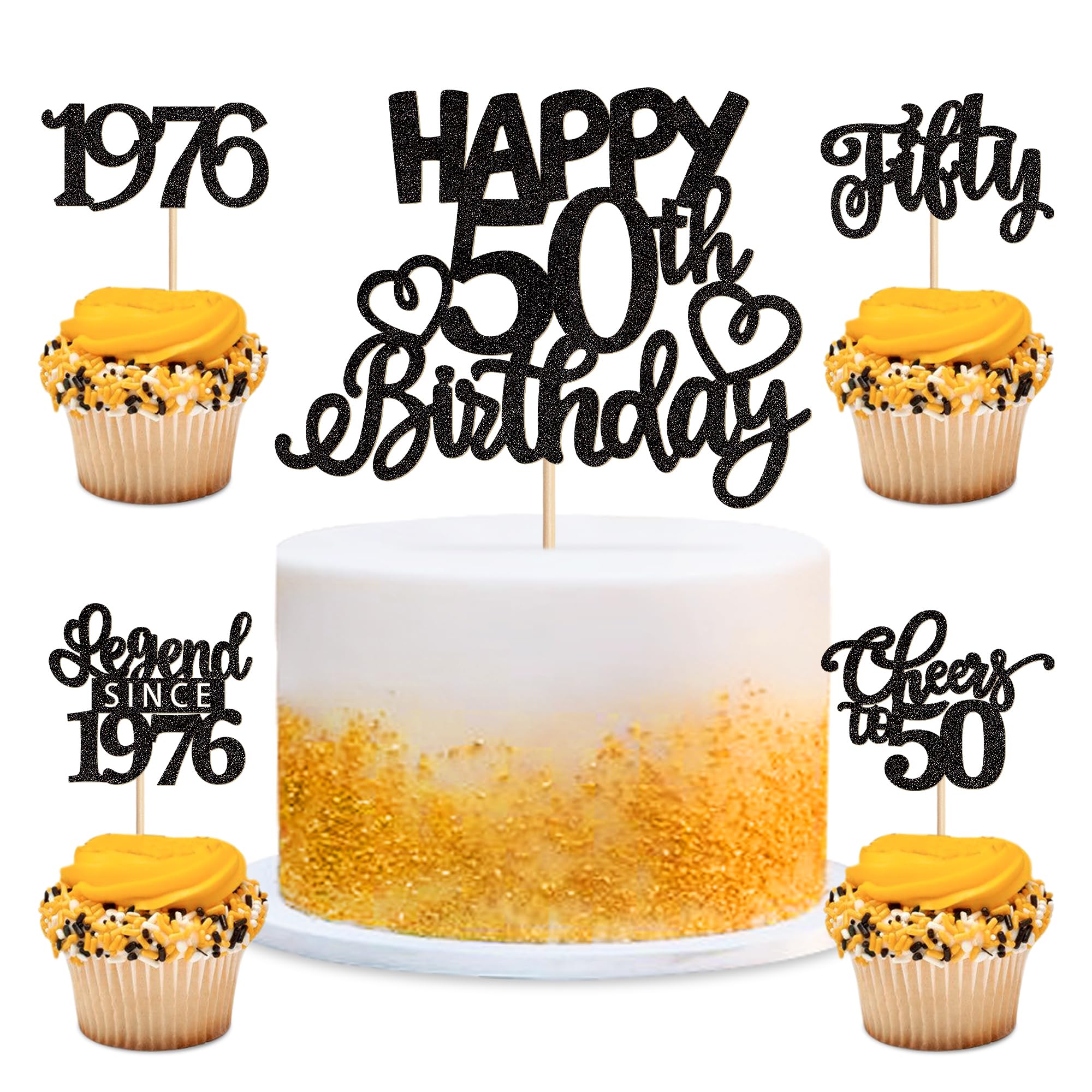 Blumomon 25PCS Black Happy 50th Birthday Cake Toppers Glitter Fifty Happy 50th Straight Outta 1976 Cupcake Picks for Cheers to 50 Years Birthday Wedding Anniversary Party Cake Decorations Supplies