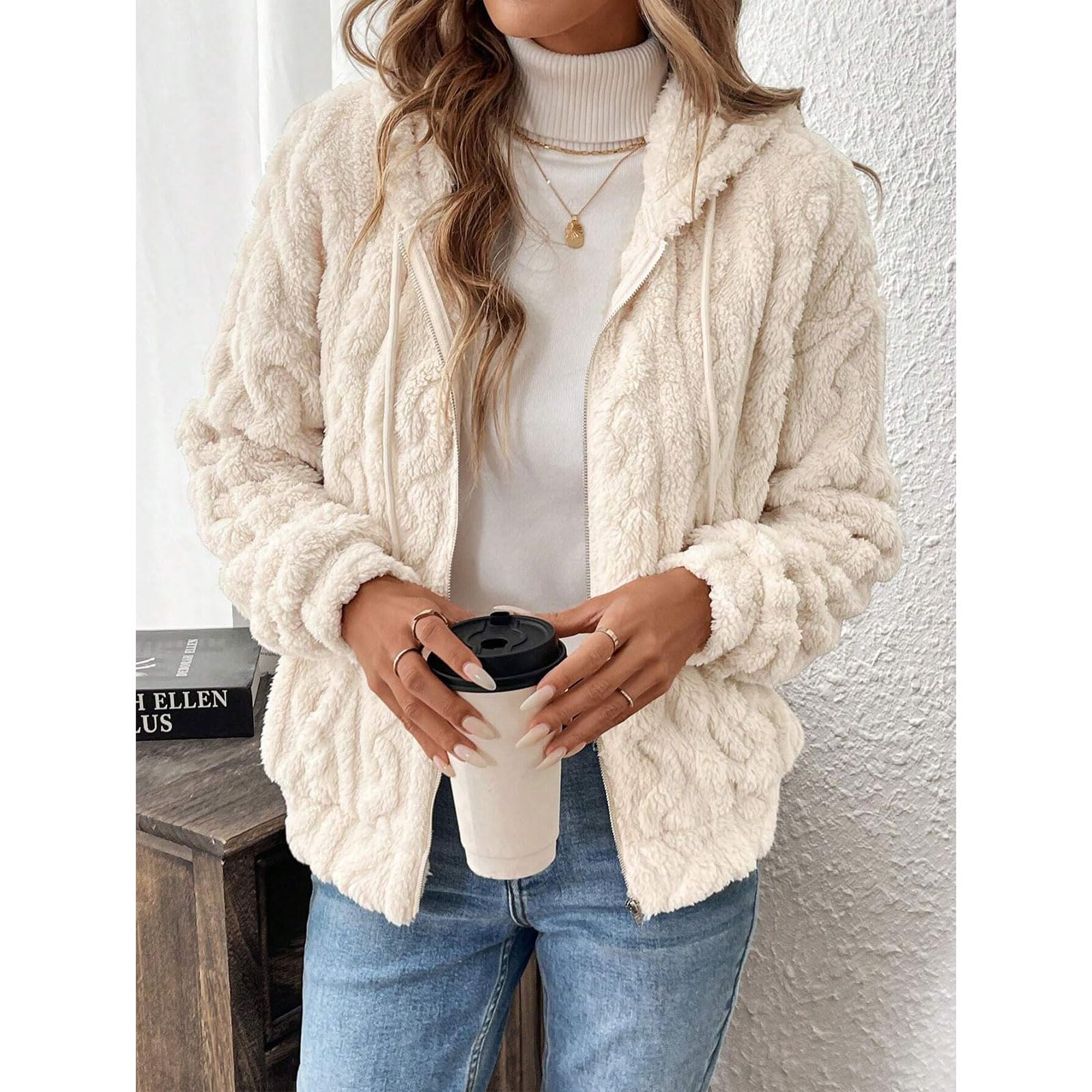 Yeenily Polaire À Capuche pour Femme Manteaux Peluche Zippée Épaissir Garder Cardigan Décontractée Hooded Coat Mode Hiver Outerwear