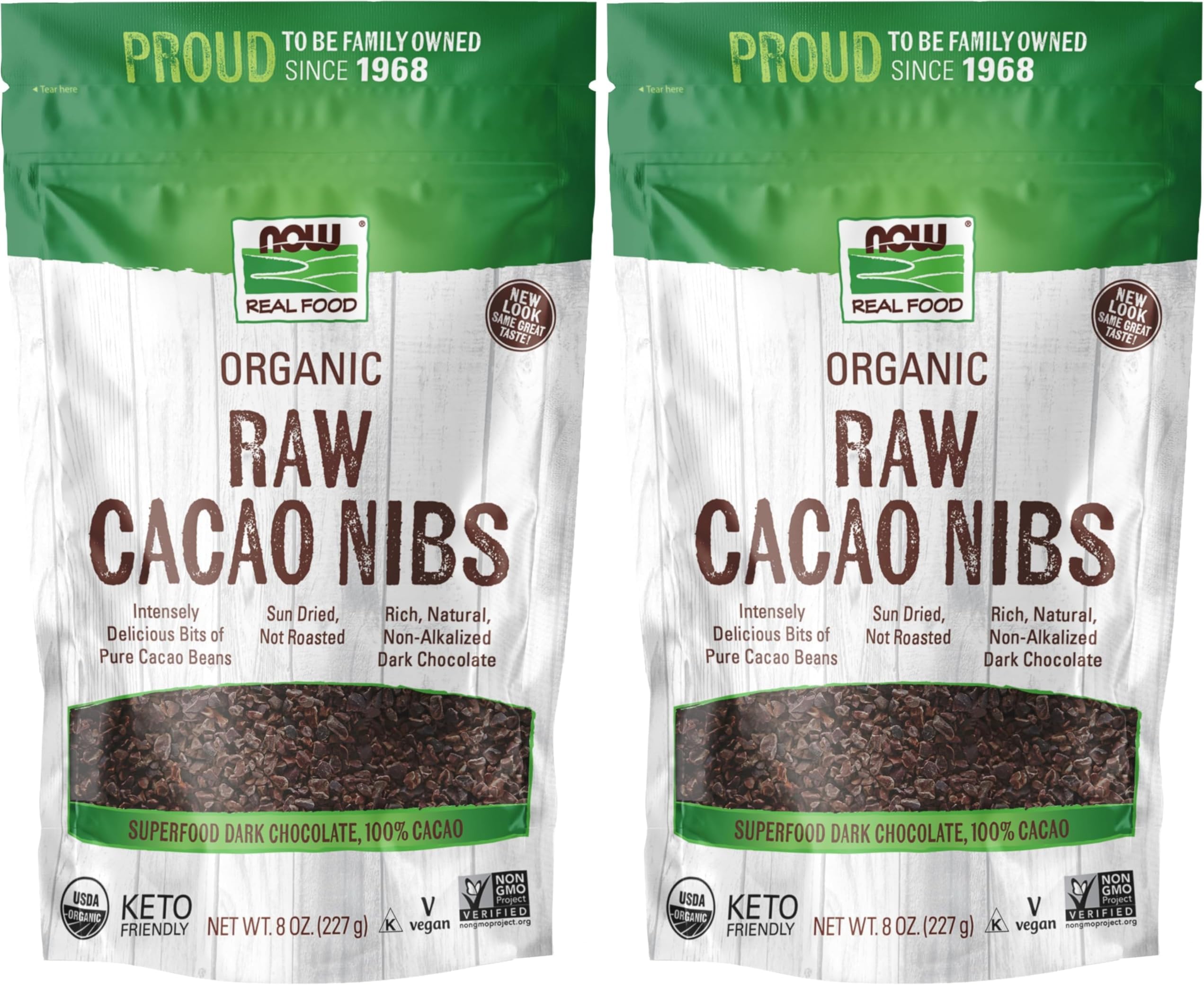 NOW Foods, Organic Raw Cacao Nibs, Rich, Pure Cacao Bean Bits, Dark Chocolate Flavor, Certified Non-GMO 8-Ounce (Packaging May Vary) (Pack of 2)