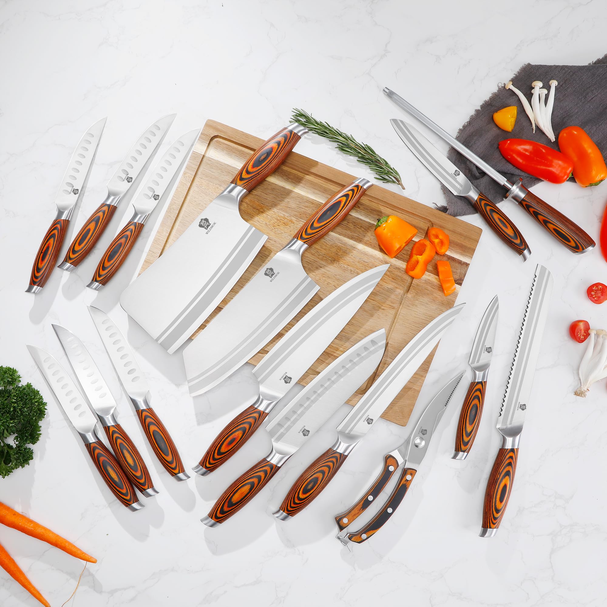 WILDMOK Juego de Cuchillos de Cocina de Acero Inoxidable Alemán Con Mango de Madera - 17 Piezas Con Cuchillo de Carne y Tijeras