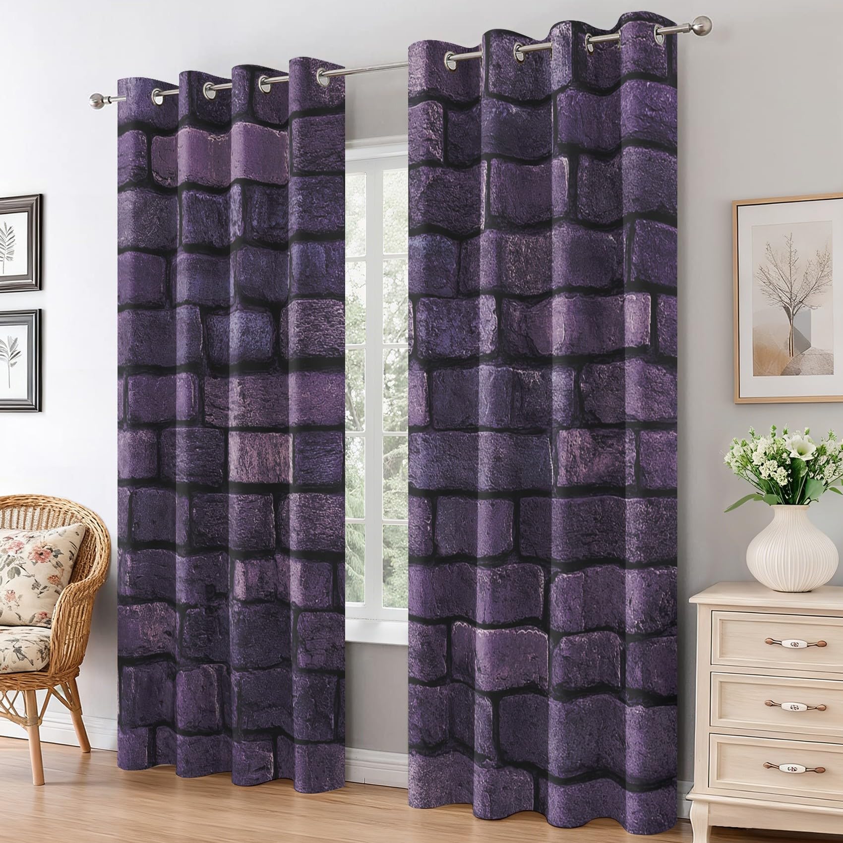 Generisch 3D Lila Ziegel Vorhang Blickdicht, 95% Blickdichte Vorhänge Steinmauer Landhausstil, Verdunkelungsvorhang 245x140 2er Set, Schlafzimmer Wohnzimmer Gardinen mit Ösen Q-D27