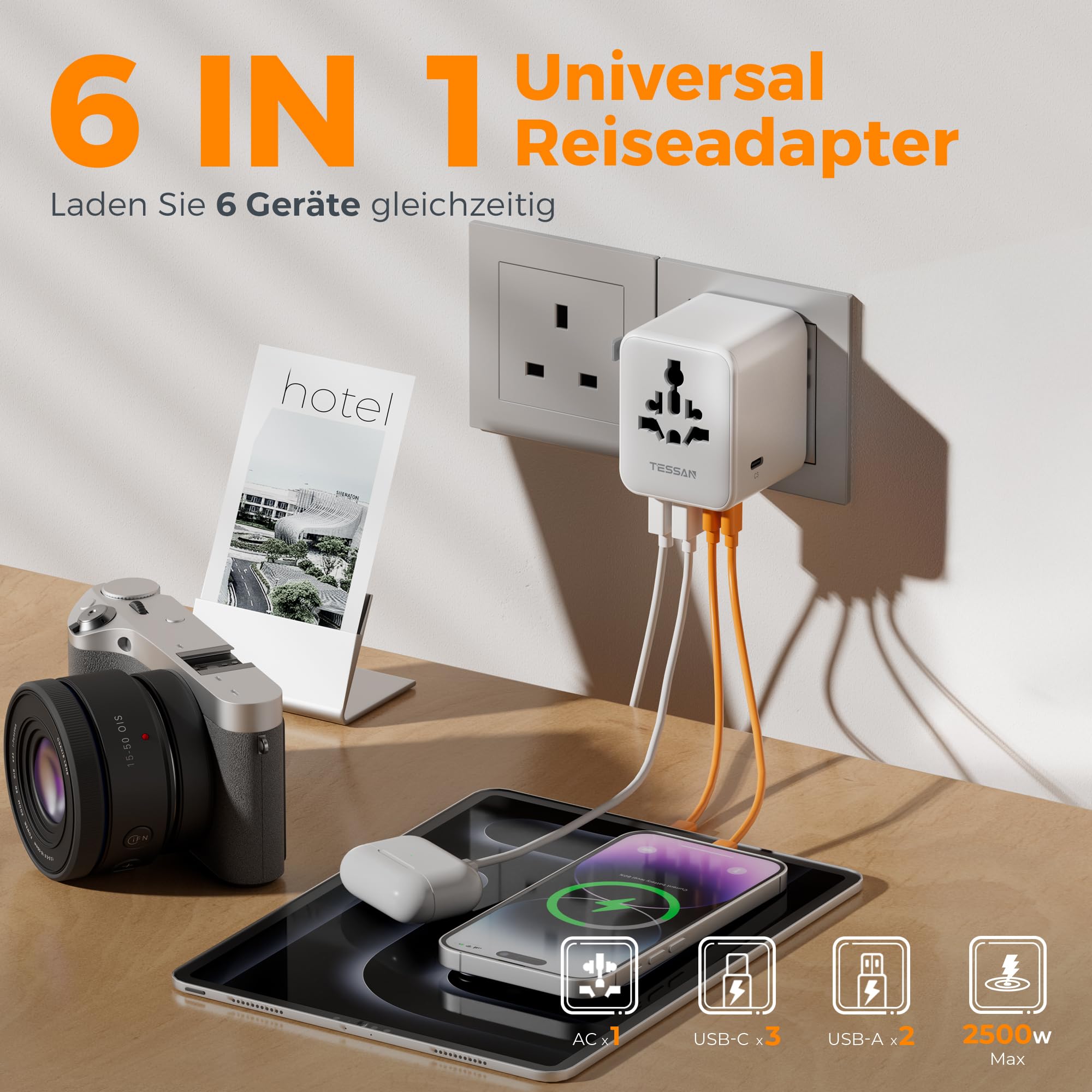 TESSAN Reiseadapter Weltweit, Universal Reiseadapter mit 2 USB A und 3 USB C, Internationaler Steckdosenadapter, Reisestecker Adapter Weltweit für USA England Japan Thailand Australien, Travel Adapter