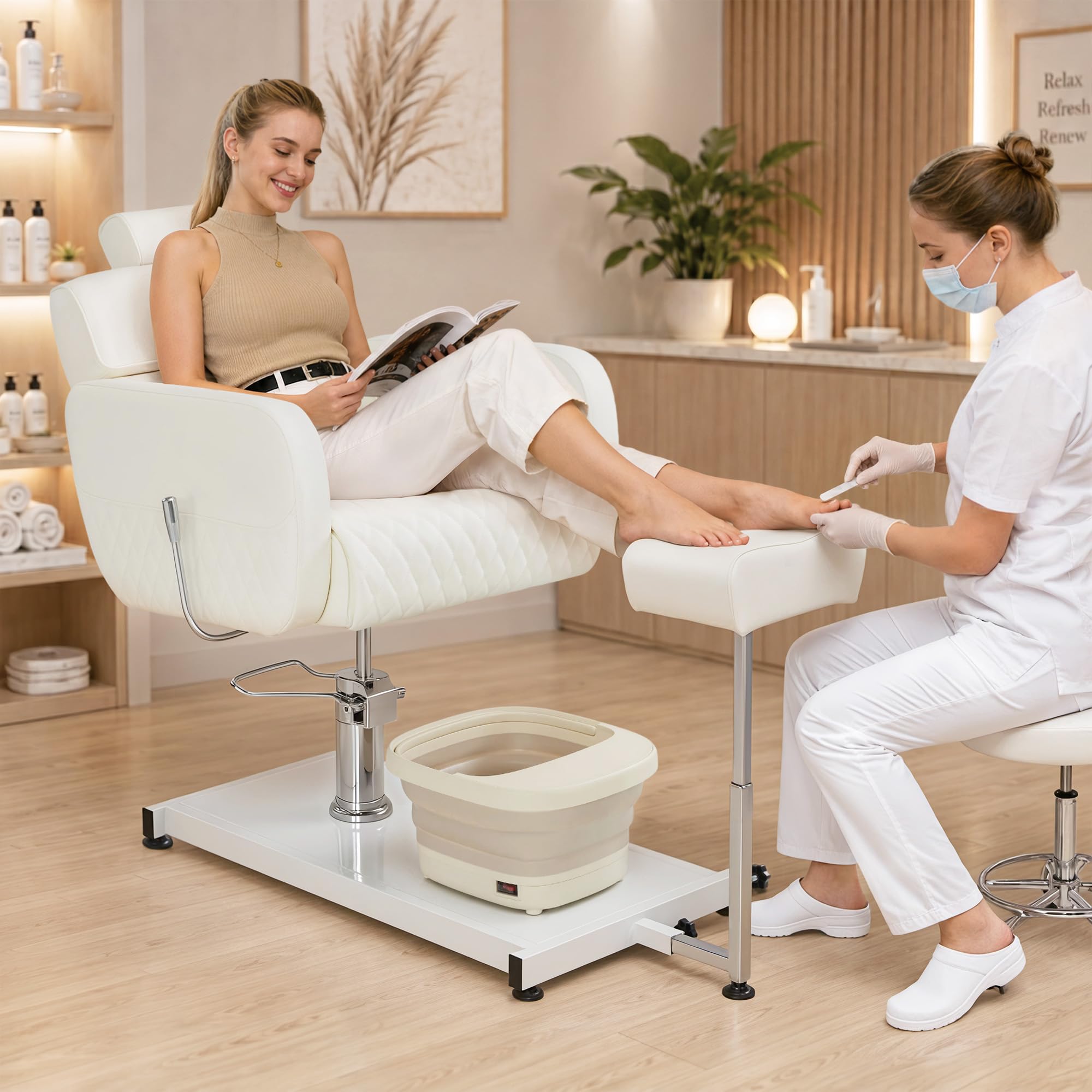 Barberpub Pediküre Stuhl mit Fußbadewanne & Pediküre Hocker, Friseurstuhl Höhenverstellbar & Kippbar, Rückenlehne & Kopfstütze Ausziehbar, Fußpflegestuhl für Nagelstudio F0380 (Weiß)